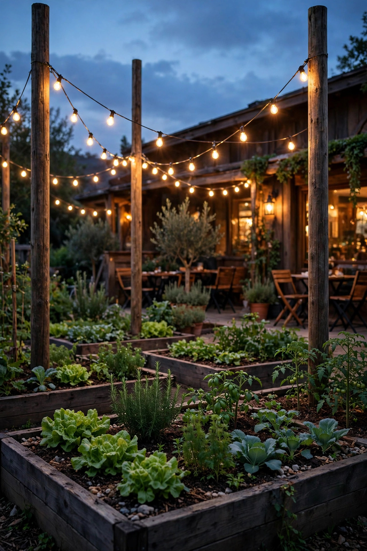 Cafe string lights swagged between tall poles above raised vegetable beds glowing warm at dusk