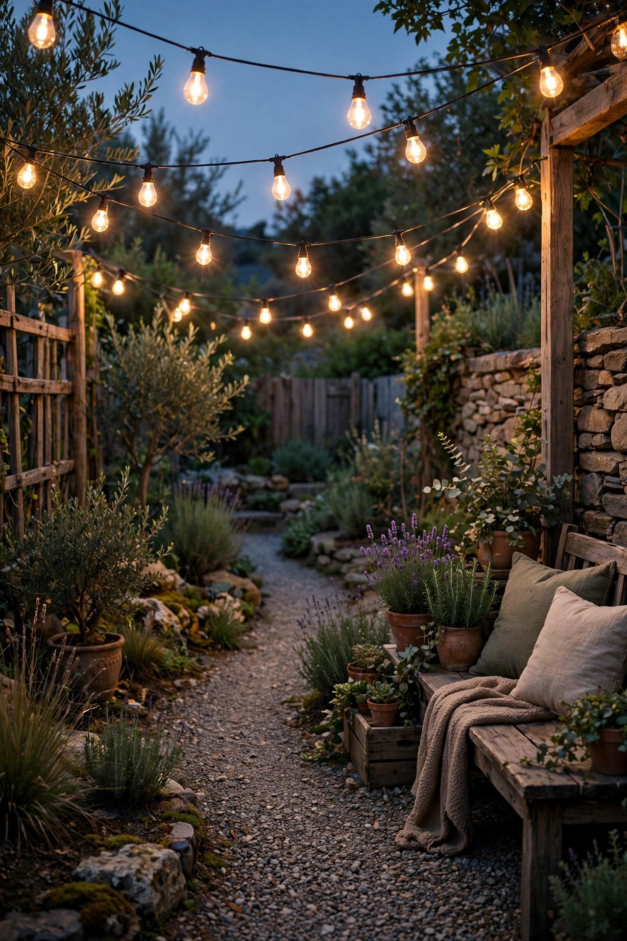 Edison-style string lights swagged over a gravel garden path and rustic seating corner at dusk