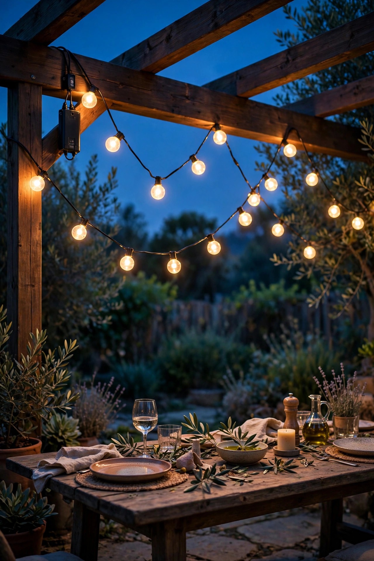 Battery powered globe string lights zigzagging under a pergola beam over an outdoor dining table at dusk