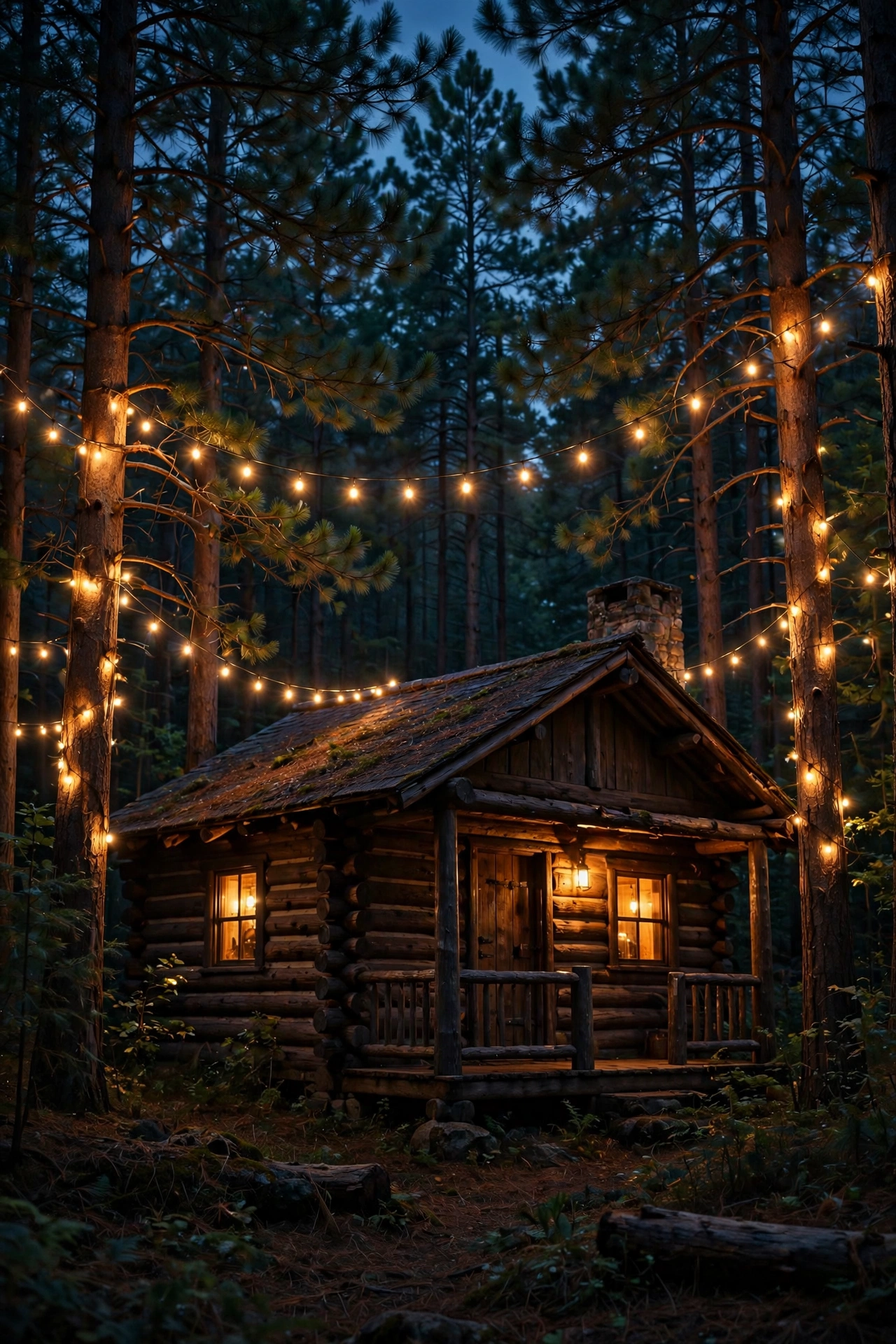 Warm string lights wrapped through tall pine trees around a rustic cabin at night