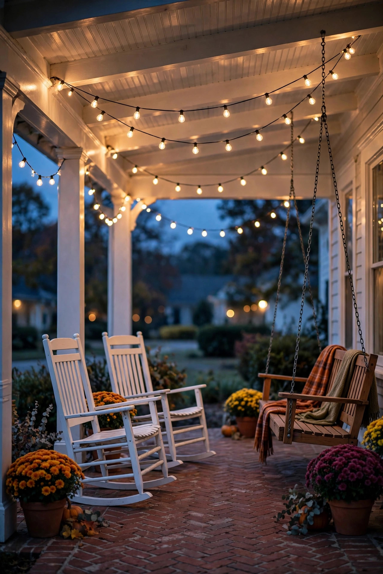 Cafe string lights draped across a front porch ceiling glowing at dusk