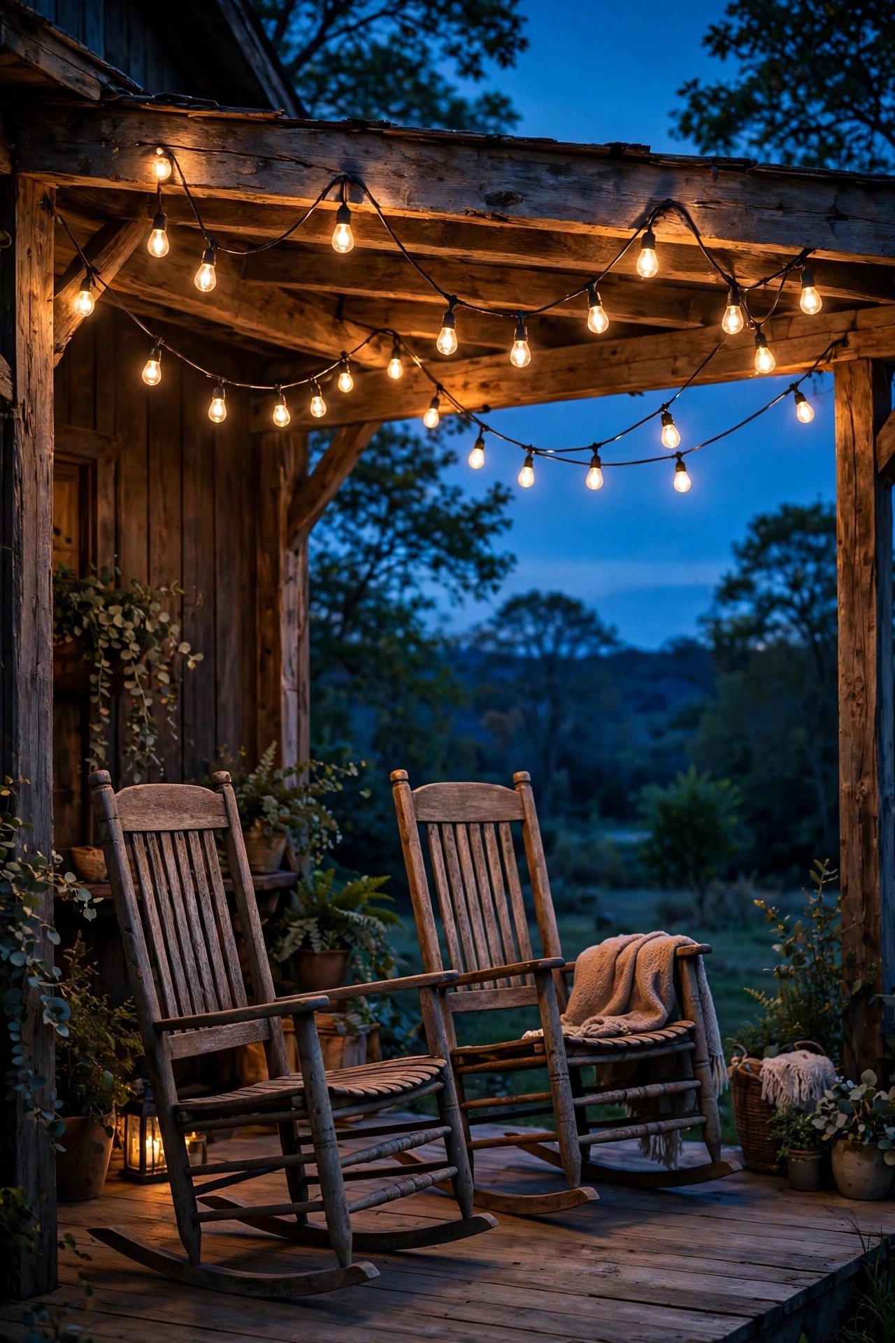 Edison style string lights draped along the beam of a rustic covered porch over rocking chairs