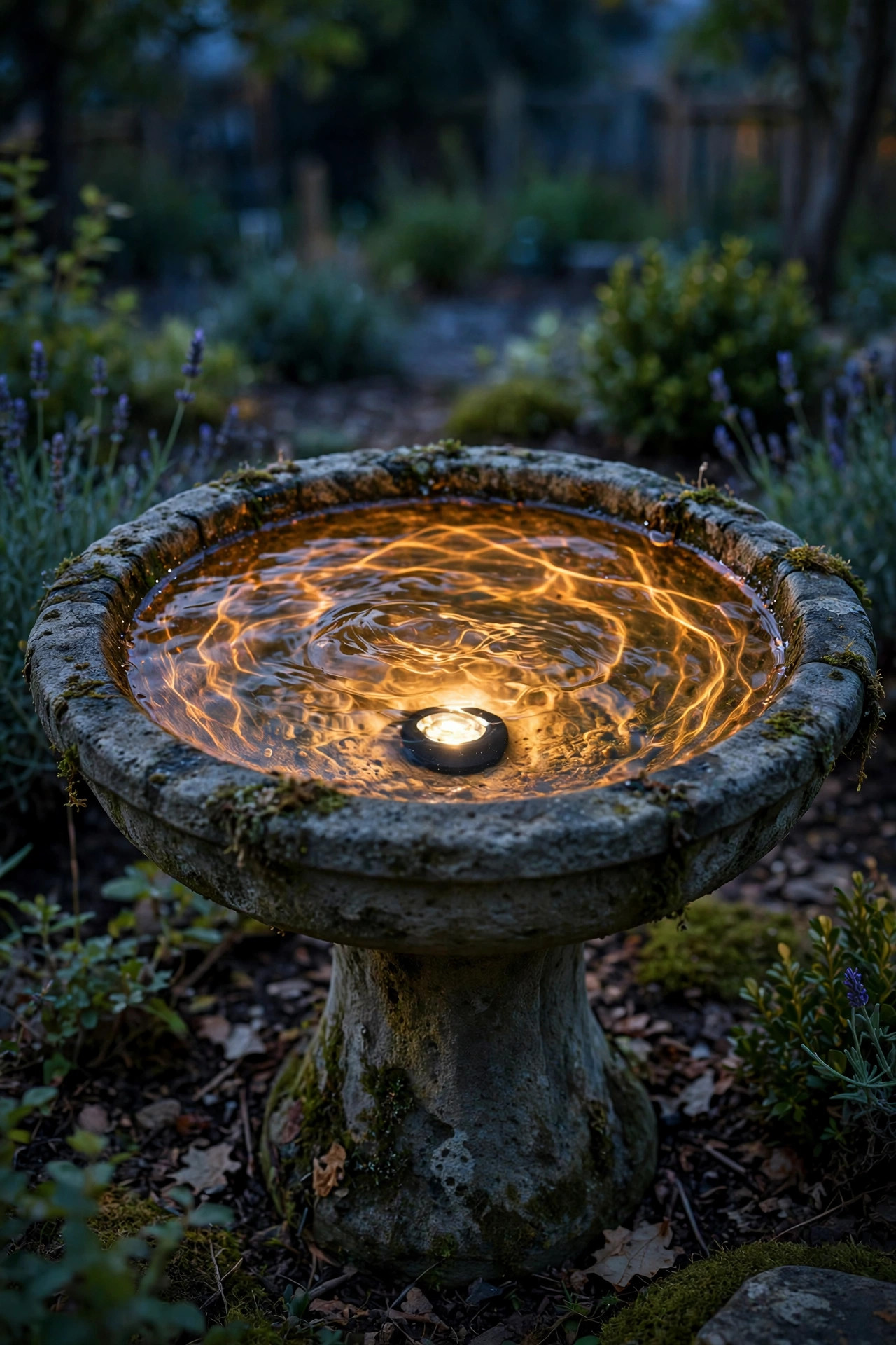 Birdbath basin glowing from a submerged warm LED spotlight at night, light rippling through the water