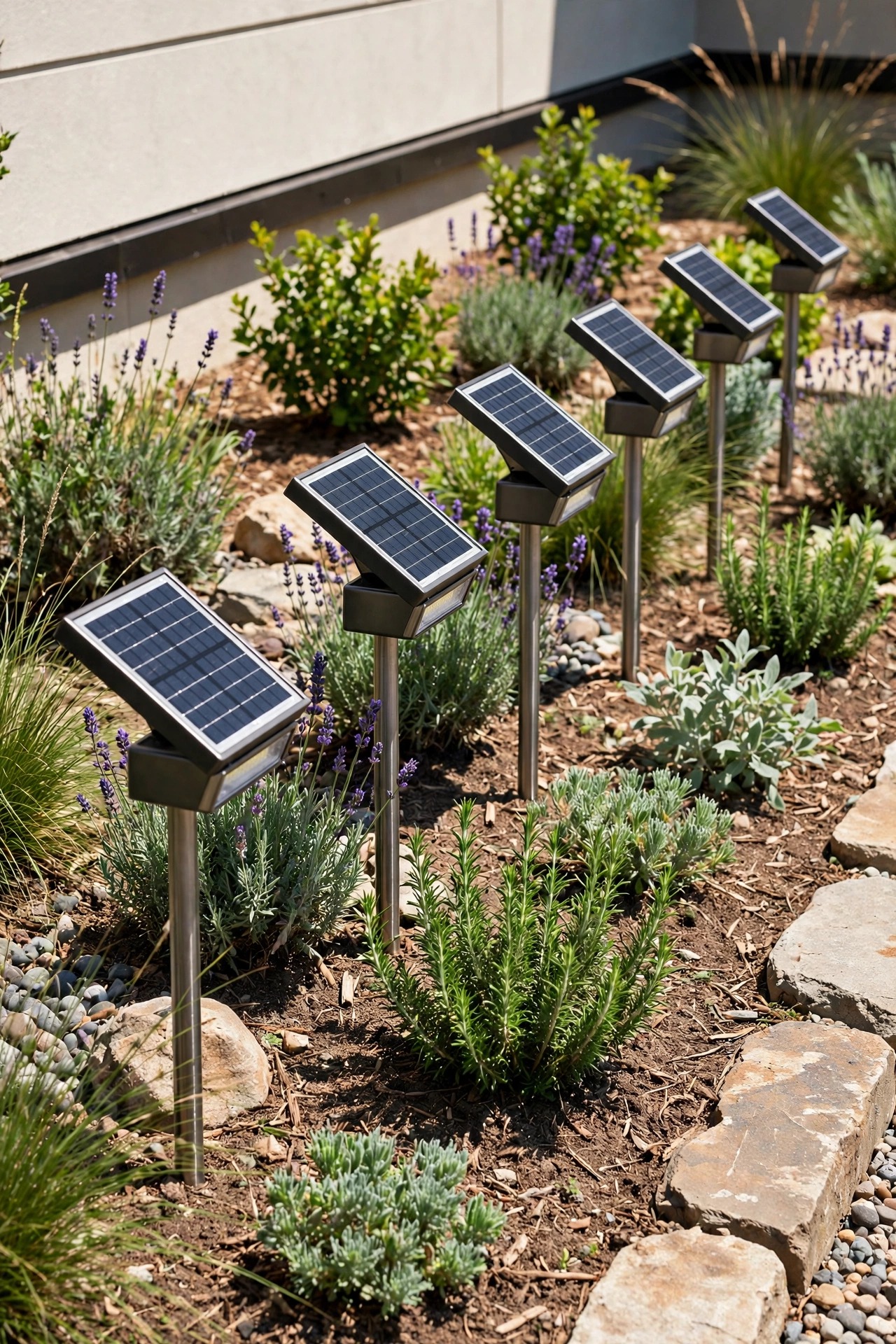 Solar path lights in a sunny front garden bed with clear southern exposure and no shade from shrubs