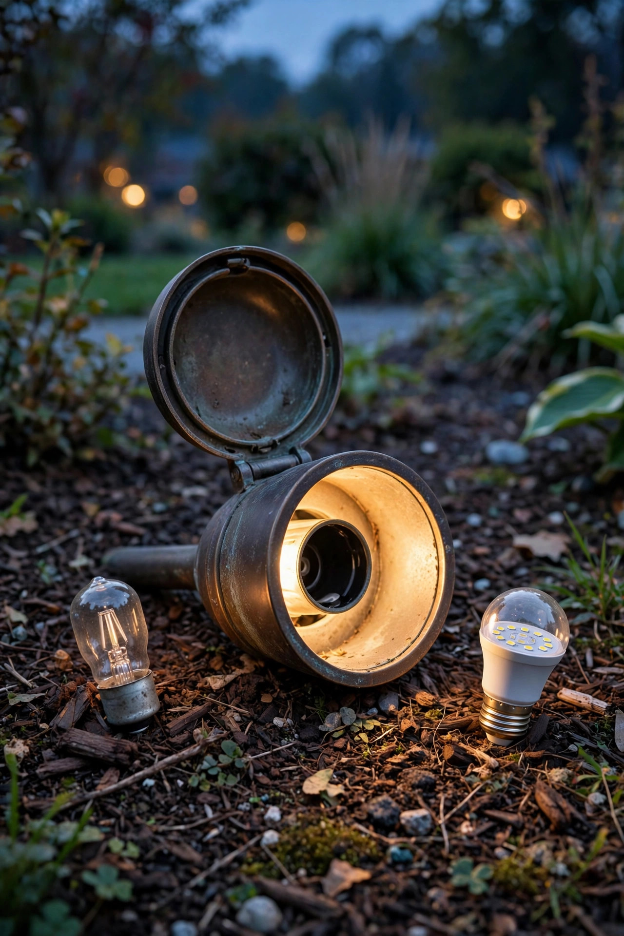 Hands-free view of an open low-voltage path light fixture at dusk with its old halogen bulb beside a new LED bulb ready to install on the garden bed mulch
