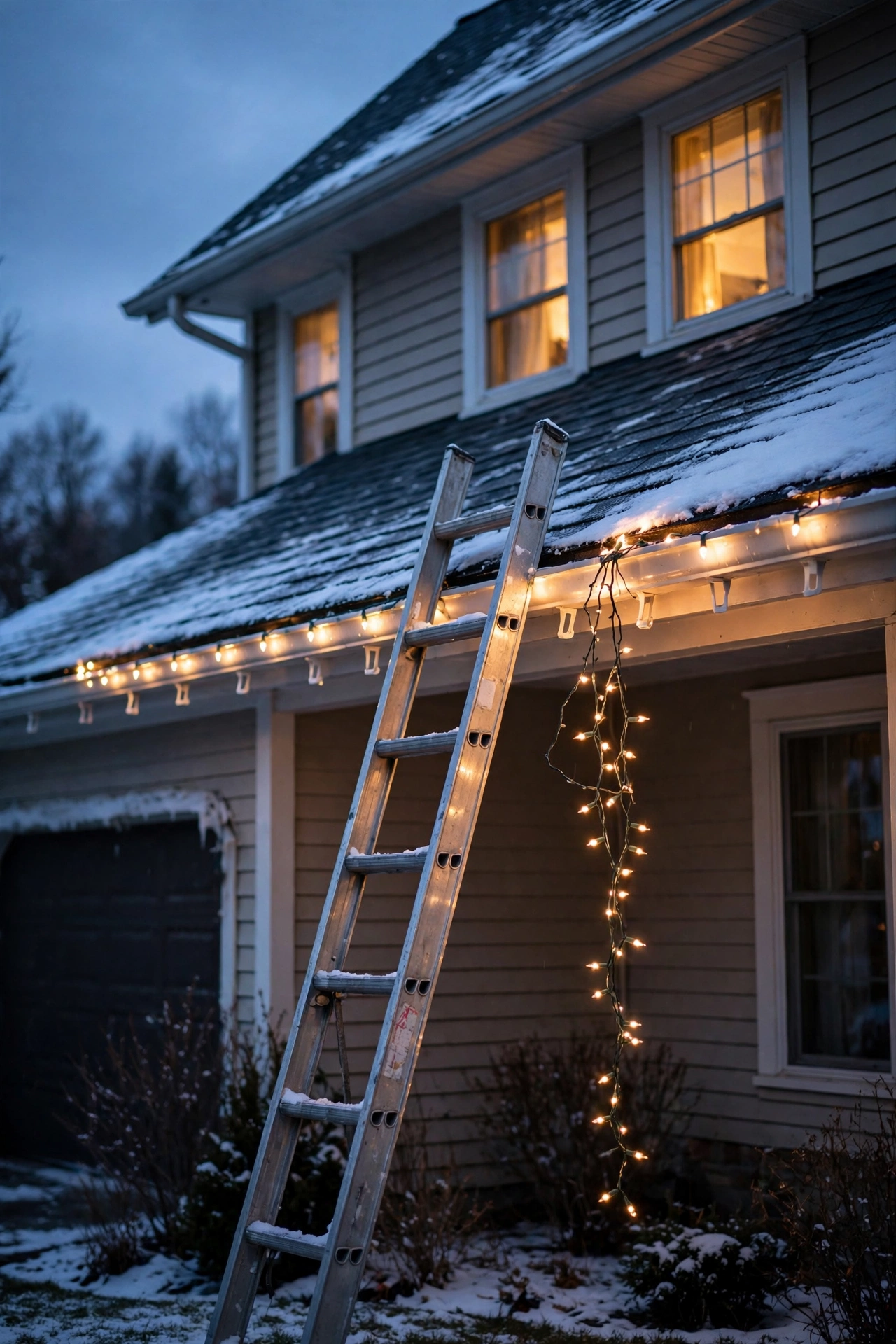 Homeowner carefully taking down warm white Christmas lights from a roofline on a clear January day