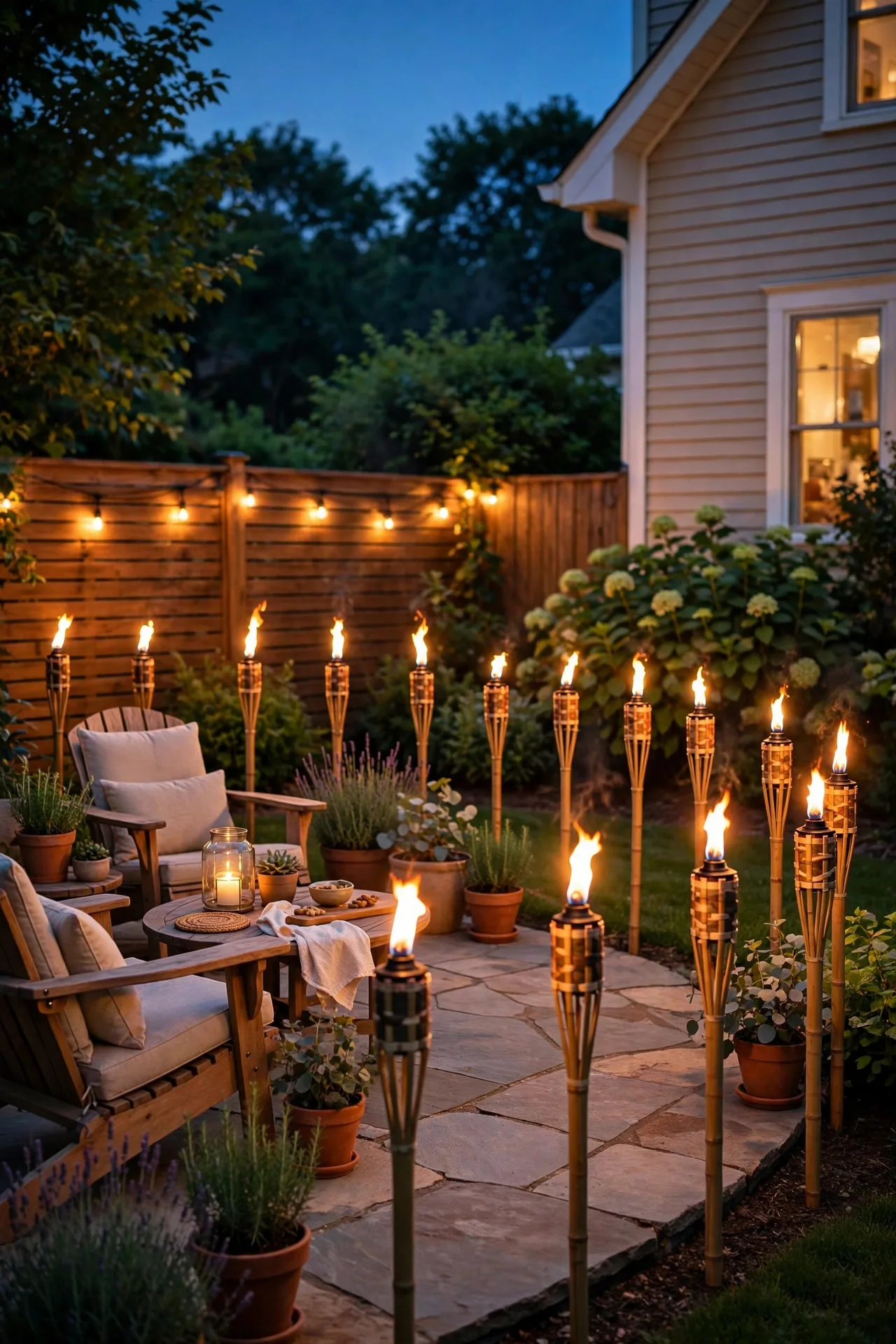Tiki torches with flames lining a summer patio at dusk for warm nights outside