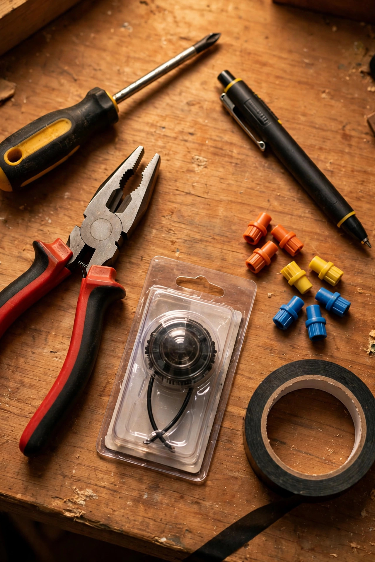 Tools and parts for wiring a photocell into a porch light — screwdriver, non-contact voltage tester, wire strippers, wire nuts, electrical tape and a packaged photocell