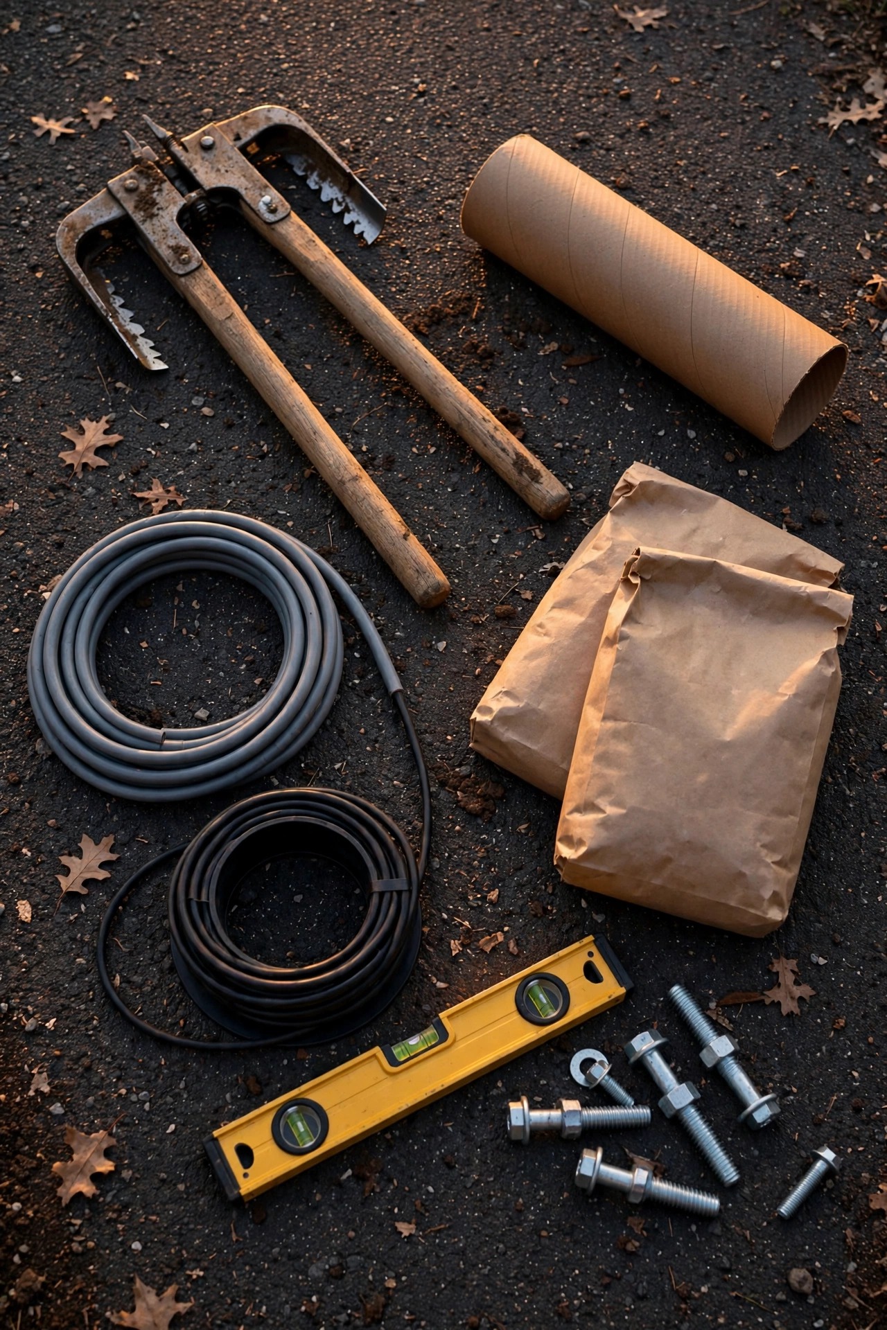 Flat lay of lamp post installation tools and materials on a driveway — post-hole digger, tube form, bags of concrete mix, conduit, cable coil, level, and anchor bolts