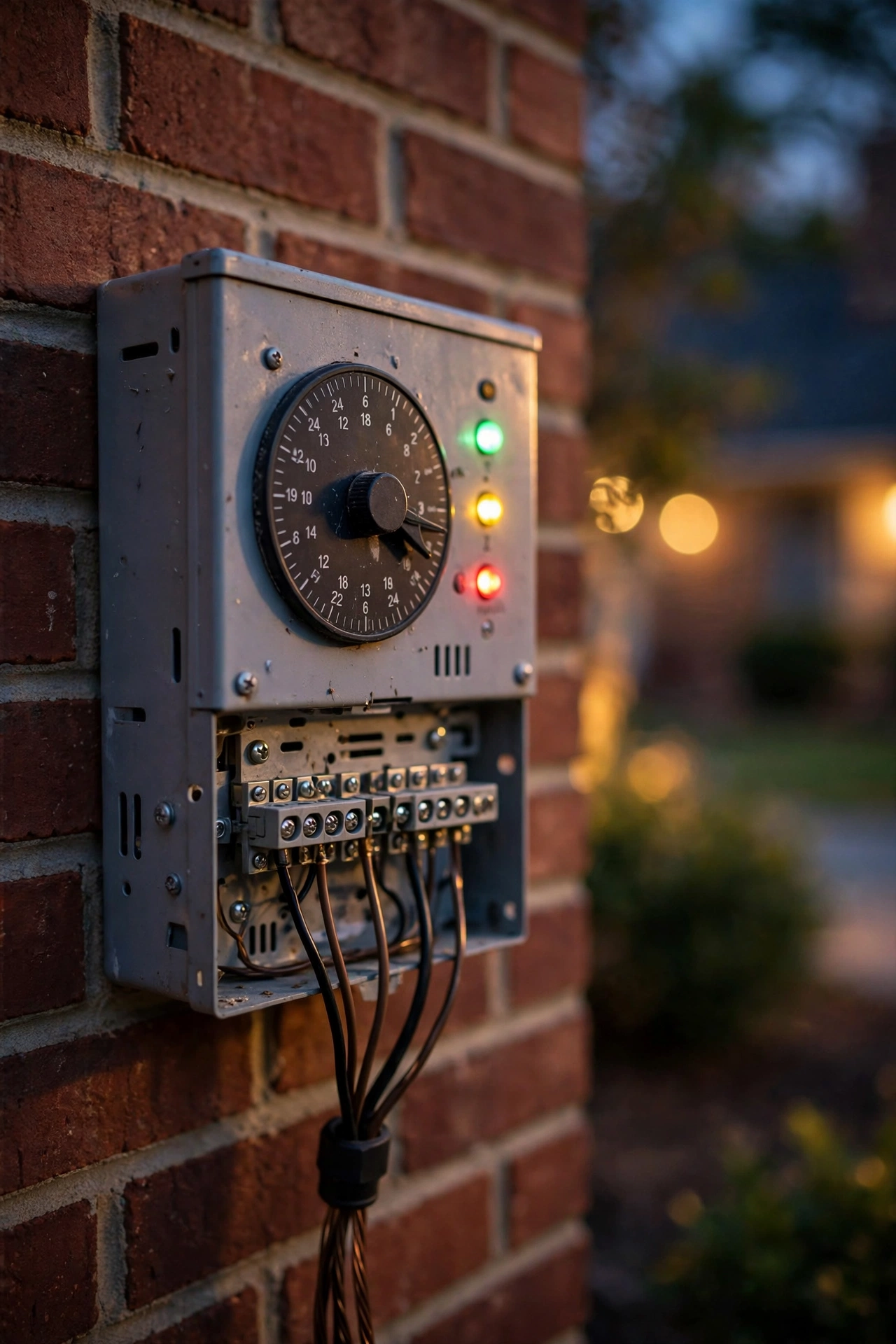 Close-up of a low-voltage transformer control panel with timer dial and multiple voltage taps at dusk