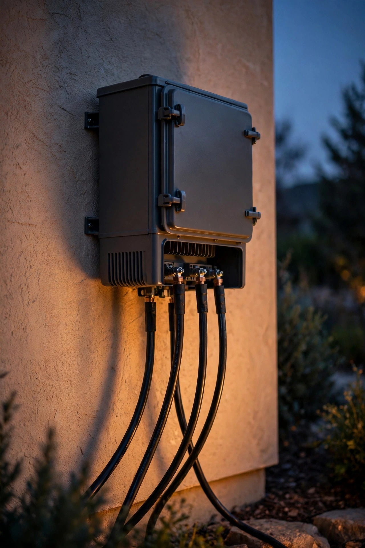 Low-voltage landscape lighting transformer mounted on an exterior wall at dusk with several thick cables connected to its terminals
