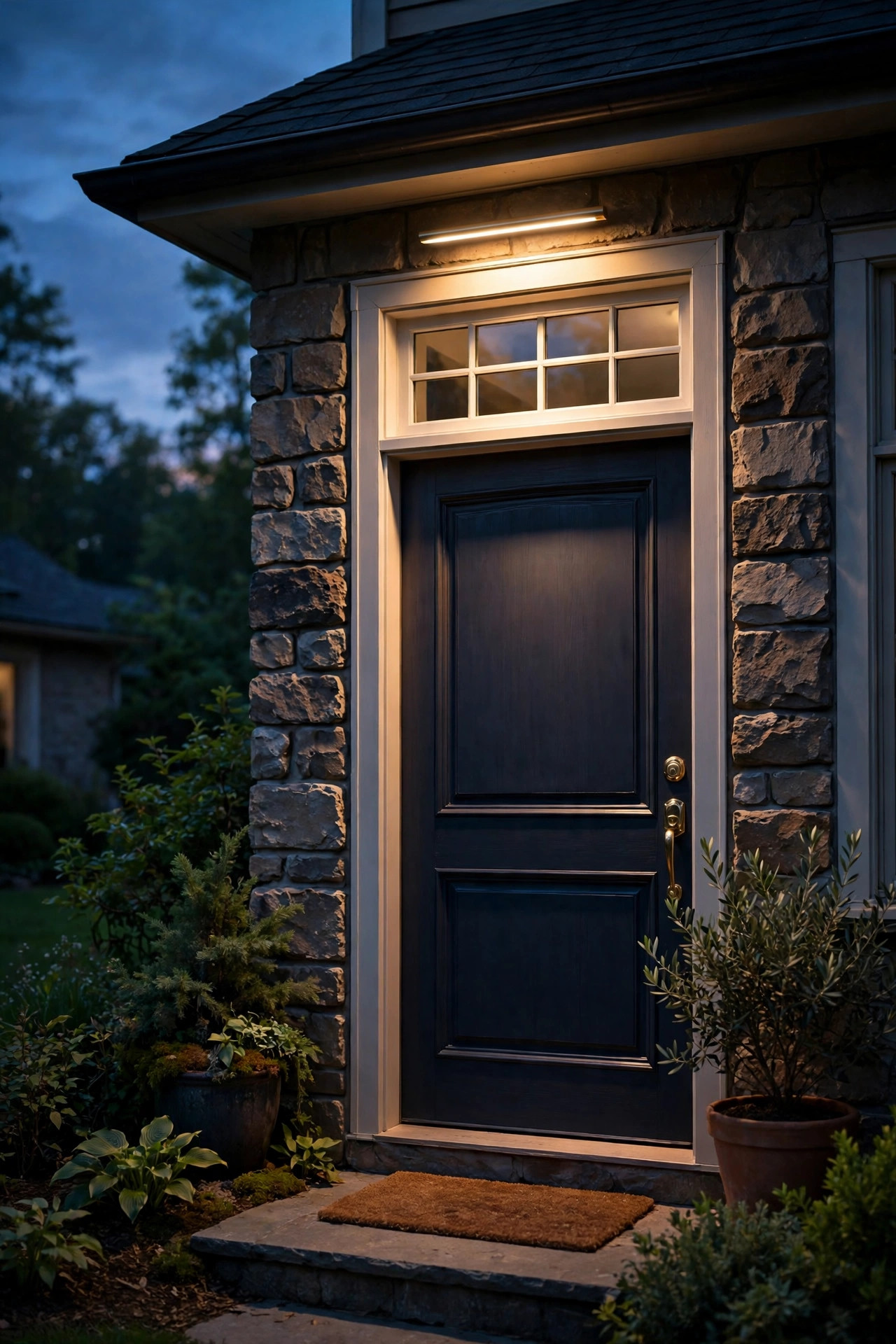 Slim picture light mounted above a transom window washing the front door with warm light