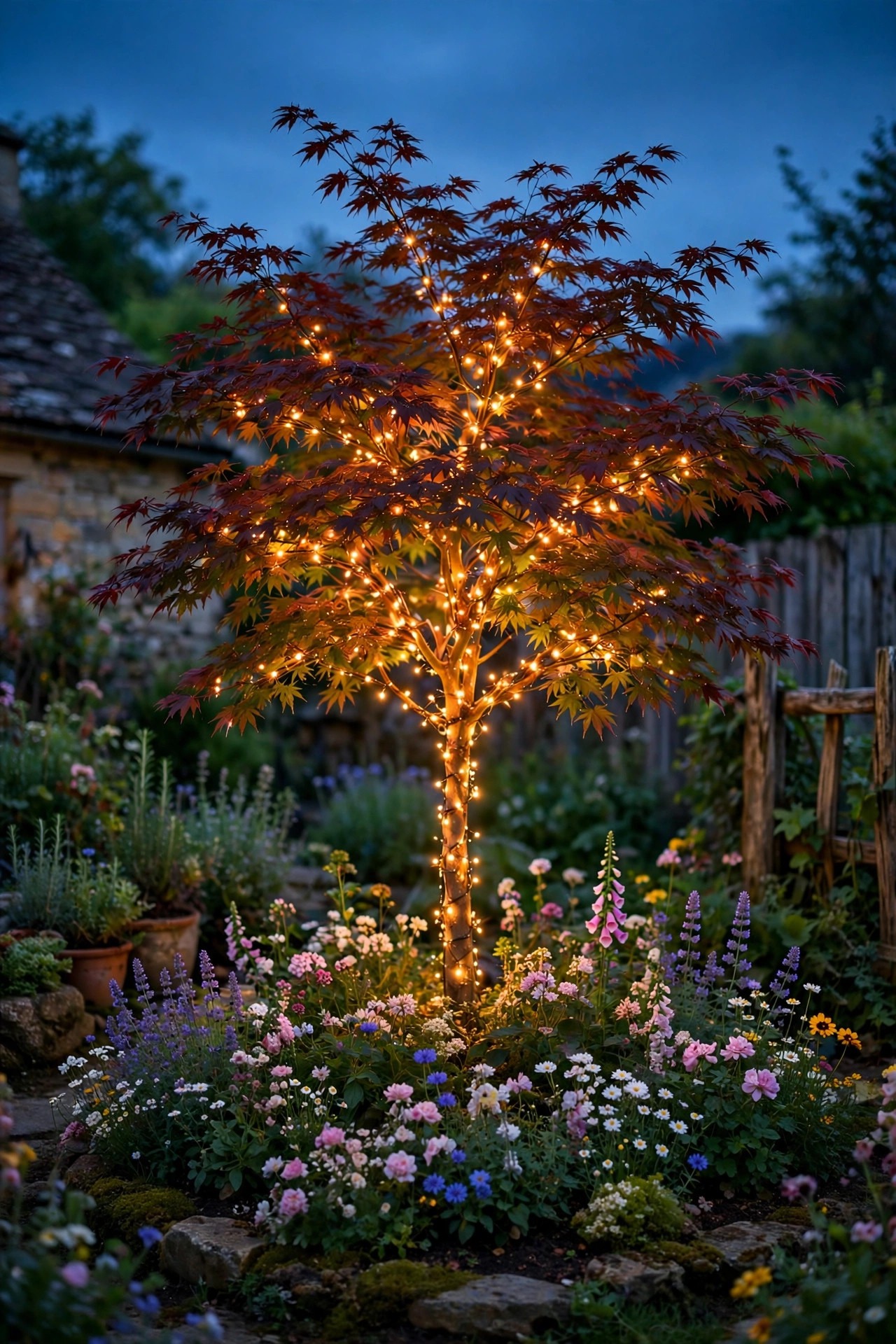 Small ornamental tree in a cottage garden wrapped in warm fairy lights glowing against the dusk sky