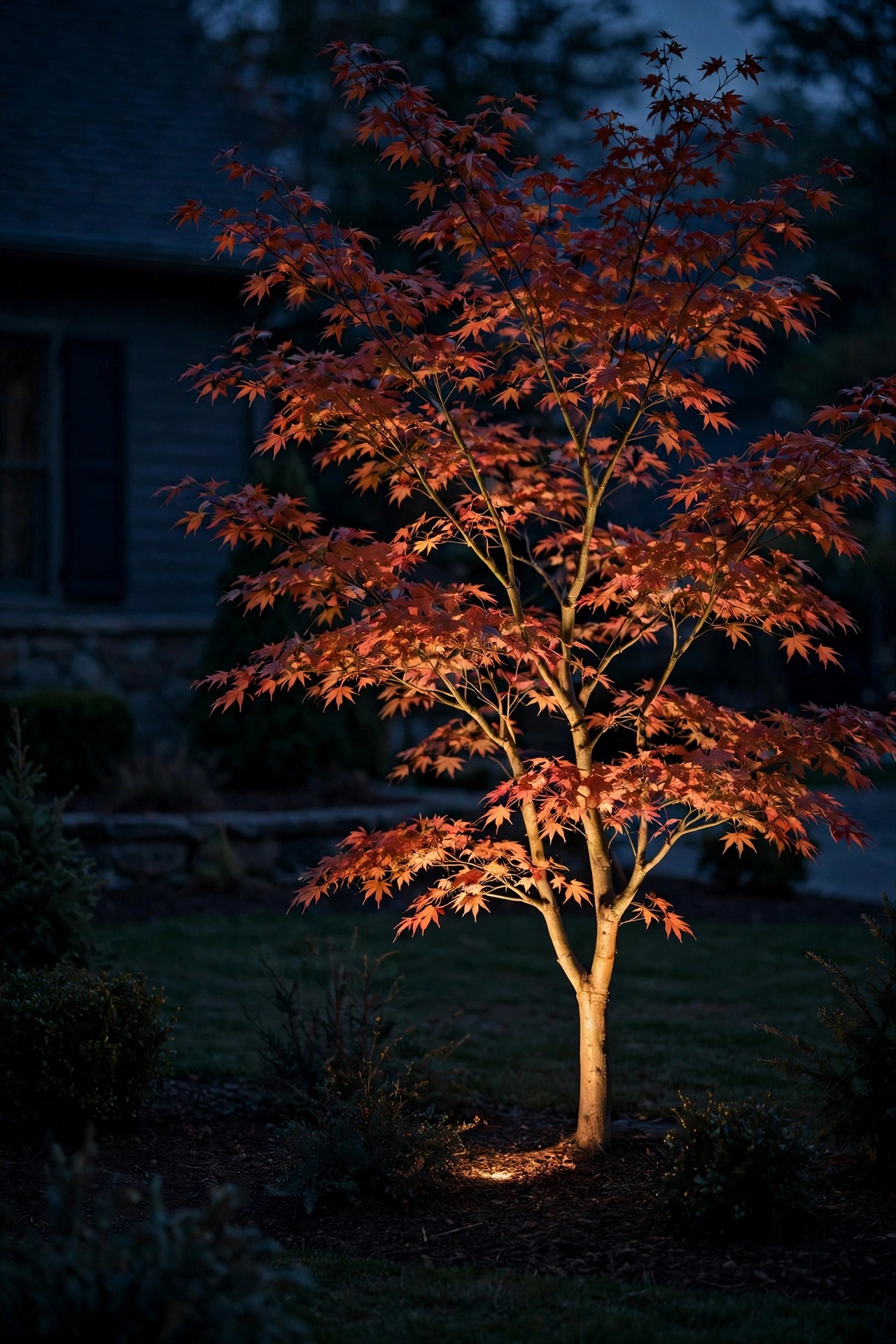 Single ornamental tree in a front yard softly uplit from one hidden ground fixture at dusk, rest of the yard calm and dark