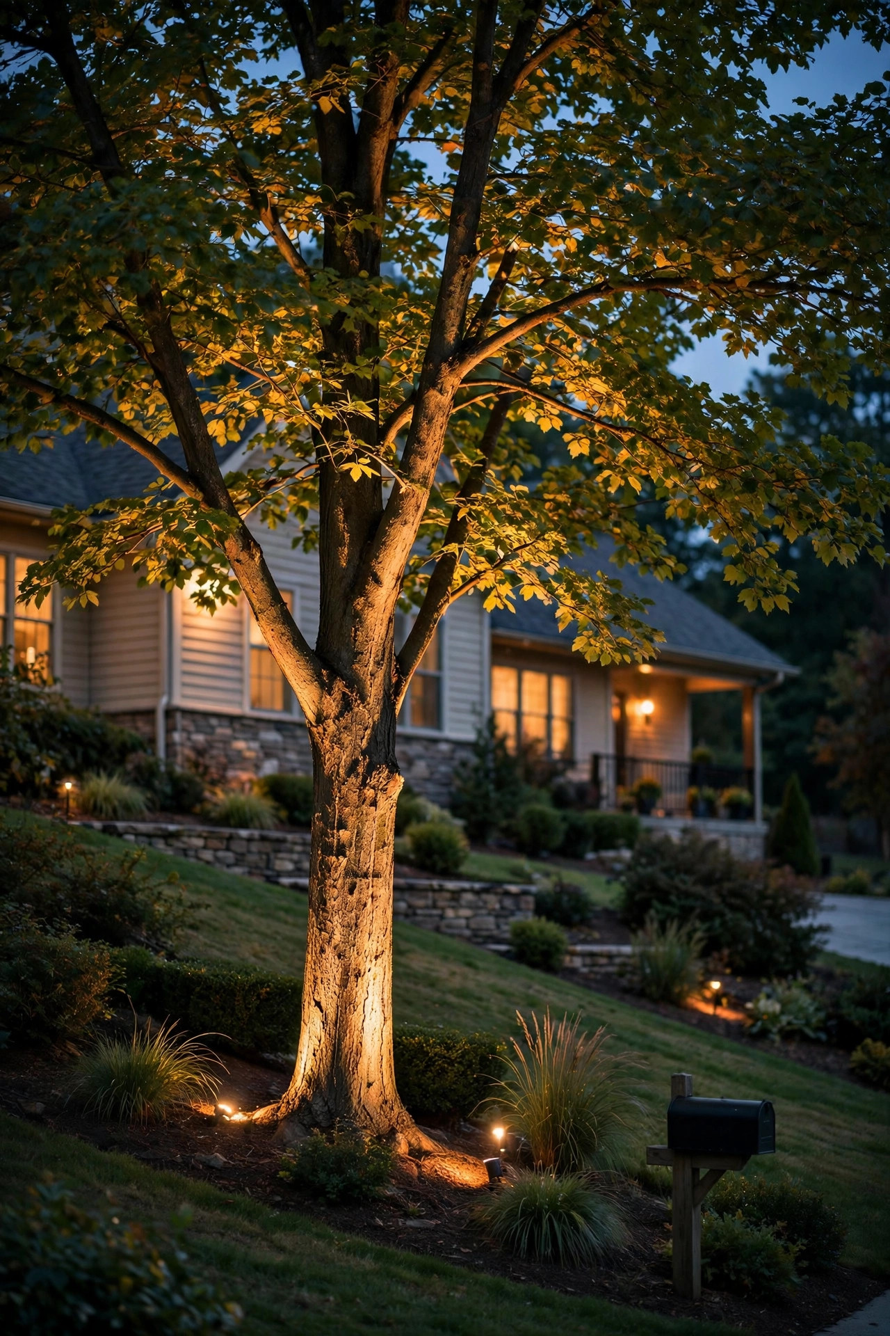 Warm uplighting on a tree anchoring a sloped front yard, light raking up the trunk into the canopy