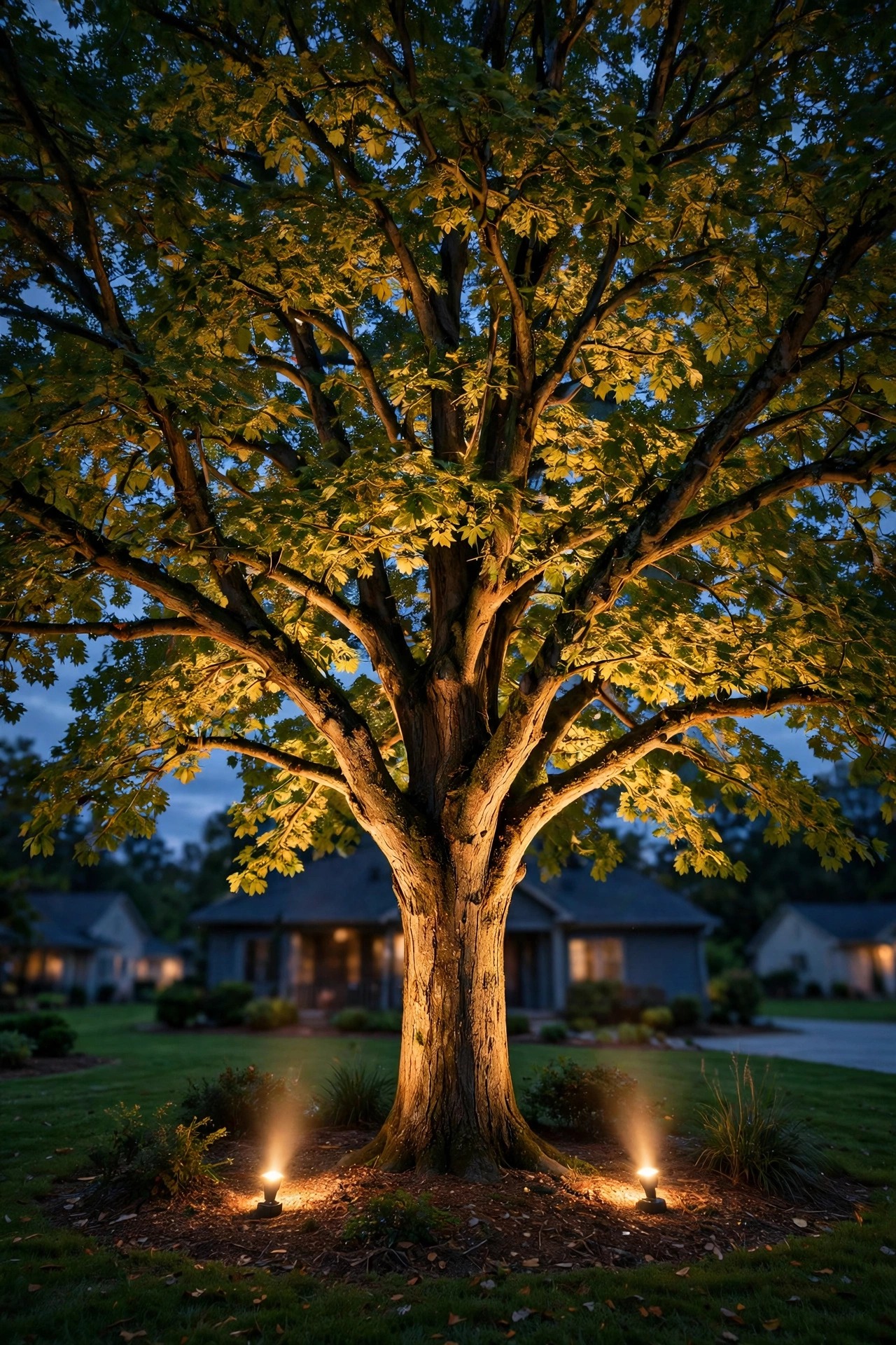 Large shade tree in a front yard at dusk lit by two ground uplights placed a few feet from the trunk, warm light spreading evenly through the canopy