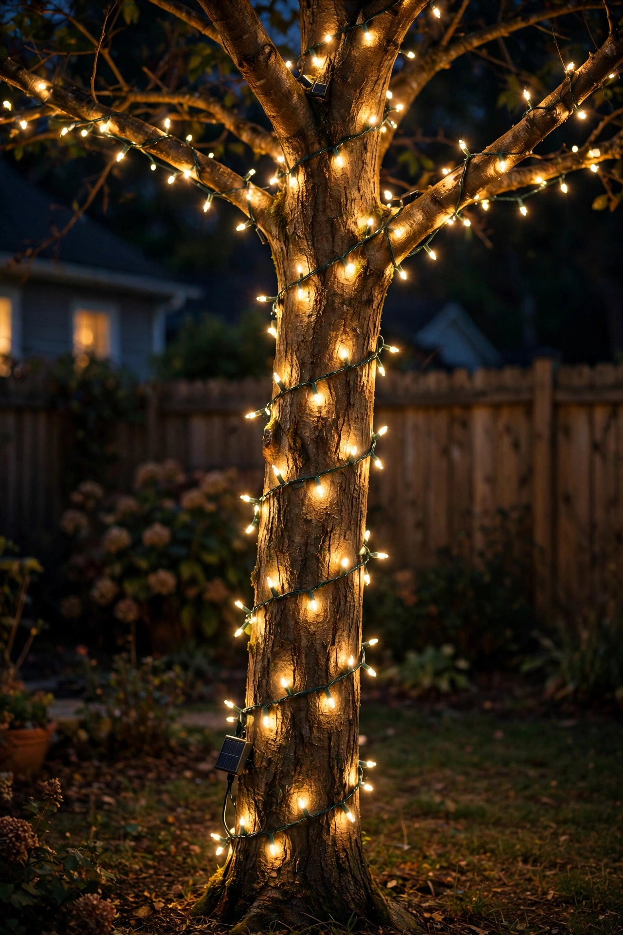Solar string lights outdoor spiraled around a tree trunk and branches glowing like fireflies at night
