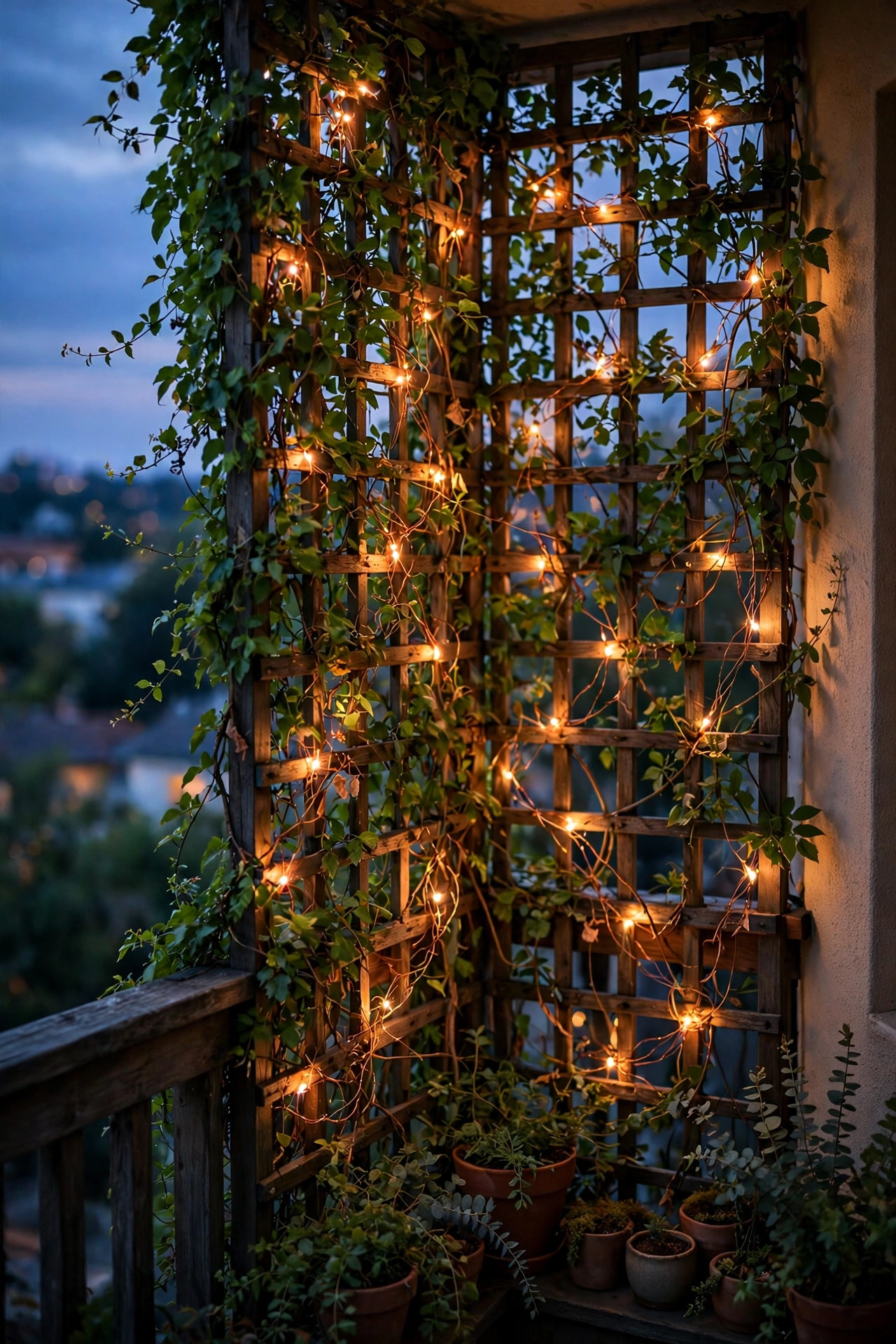 Balcony corner trellis covered in green vines woven with warm copper wire fairy lights glowing at dusk for privacy