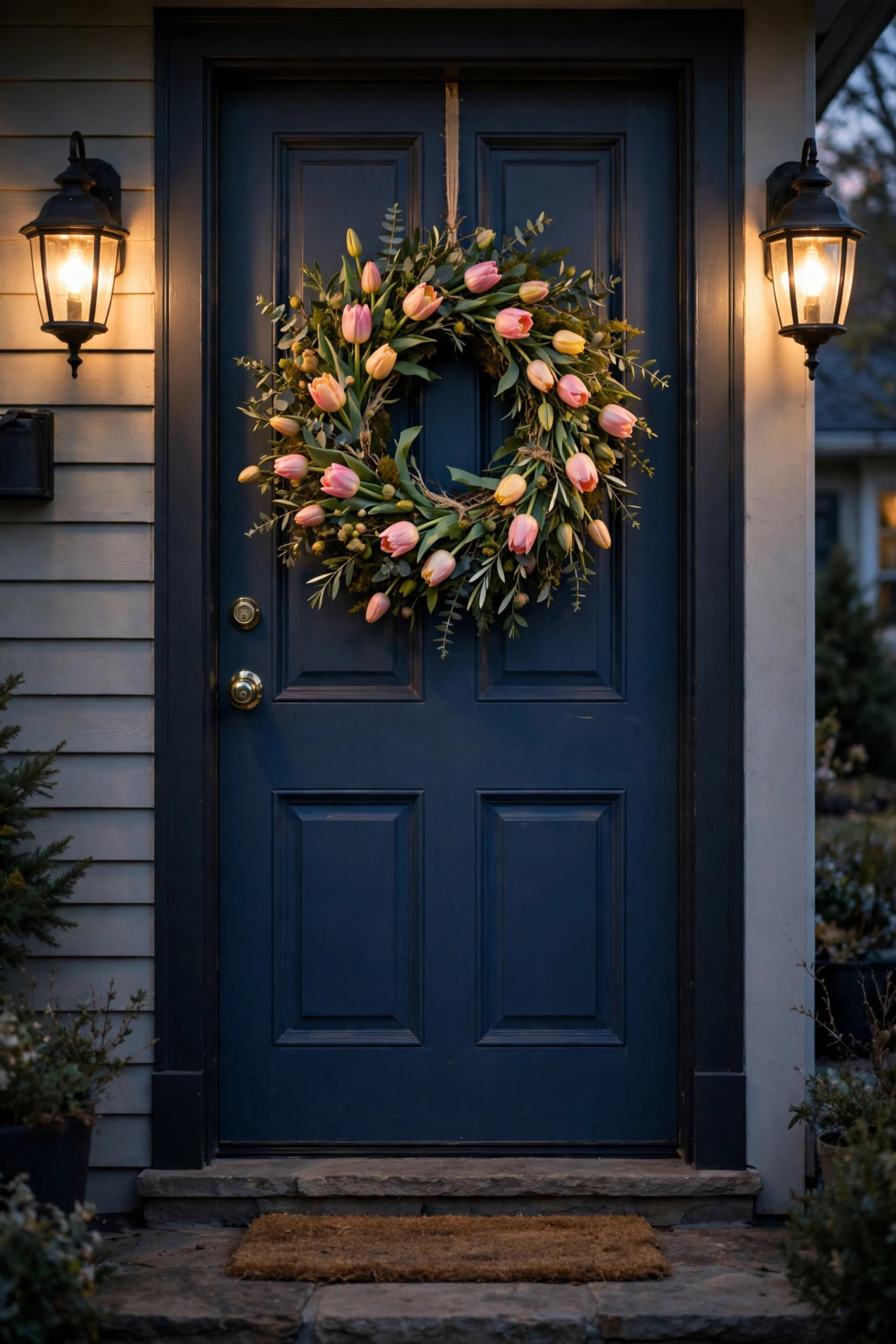 Fresh tulip spring wreath illuminated by warm porch sconces on either side of the door