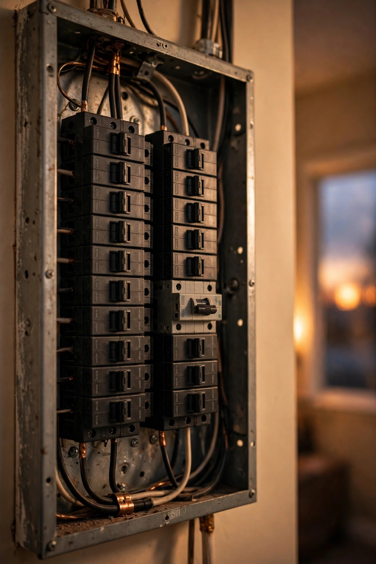 Homeowner's hand switching off a circuit breaker in an electrical panel before installing an outdoor light