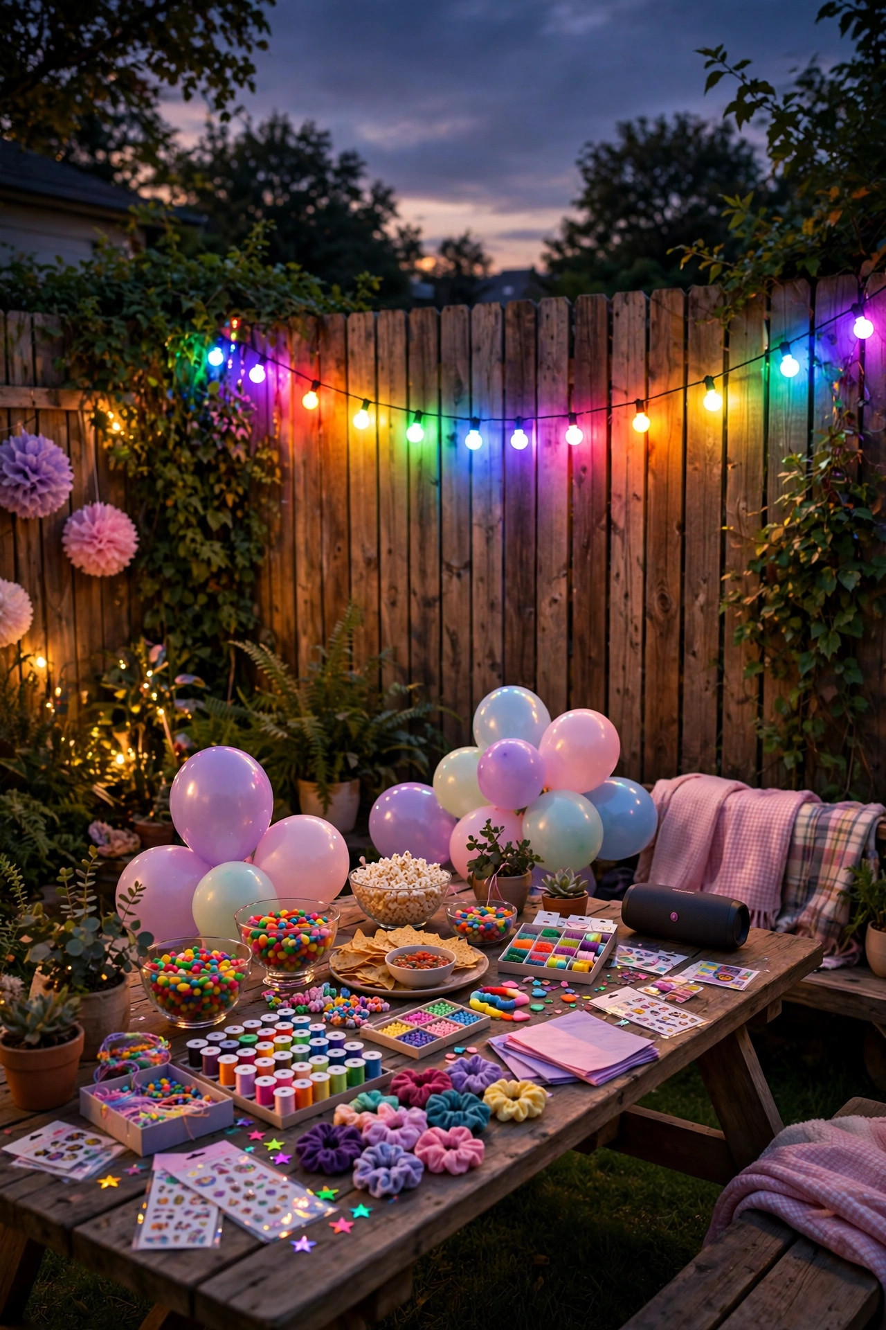 Backyard tween party with color-changing LED string lights glowing in rainbow colors along a fence at dusk