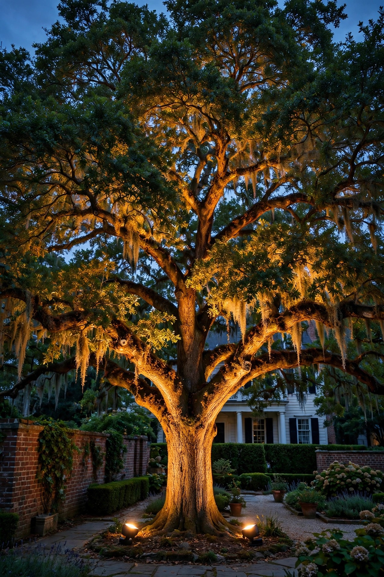 Large statement tree in a colonial garden lit from below by two symmetrical uplights, warm glow filling the canopy at dusk