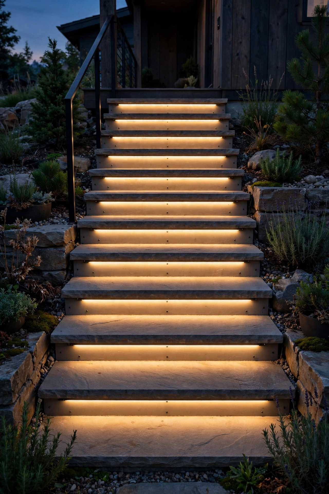 Hidden LED strip channel screwed under each tread nosing casting a smooth warm glow down outdoor steps at night