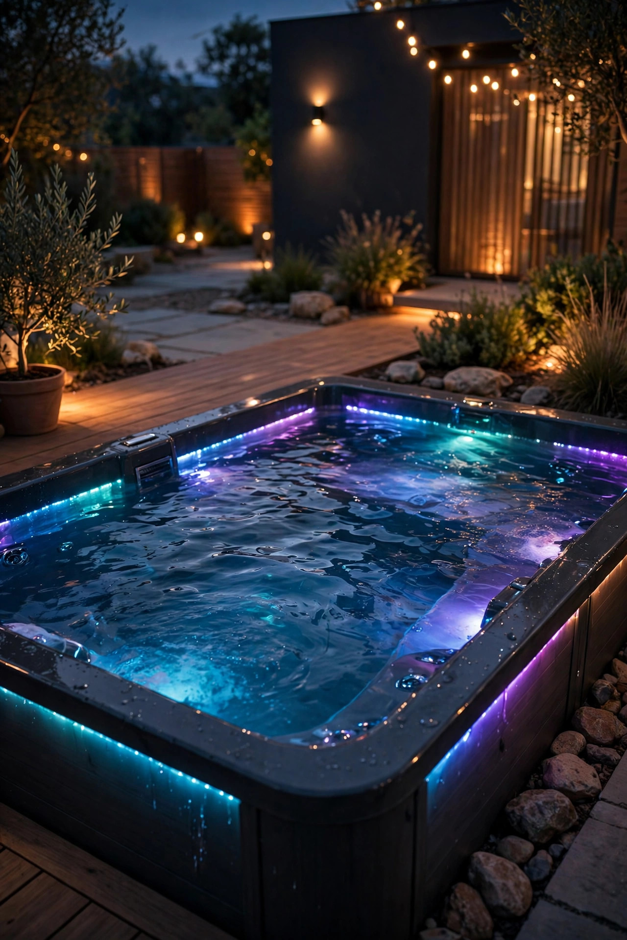 Swim spa water glowing from color-changing underwater LED lights at night