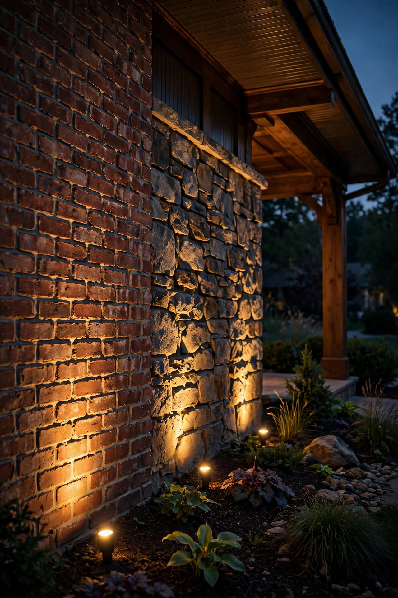 Low ground uplights grazing warm light up a textured red brick and stone porch wall at night