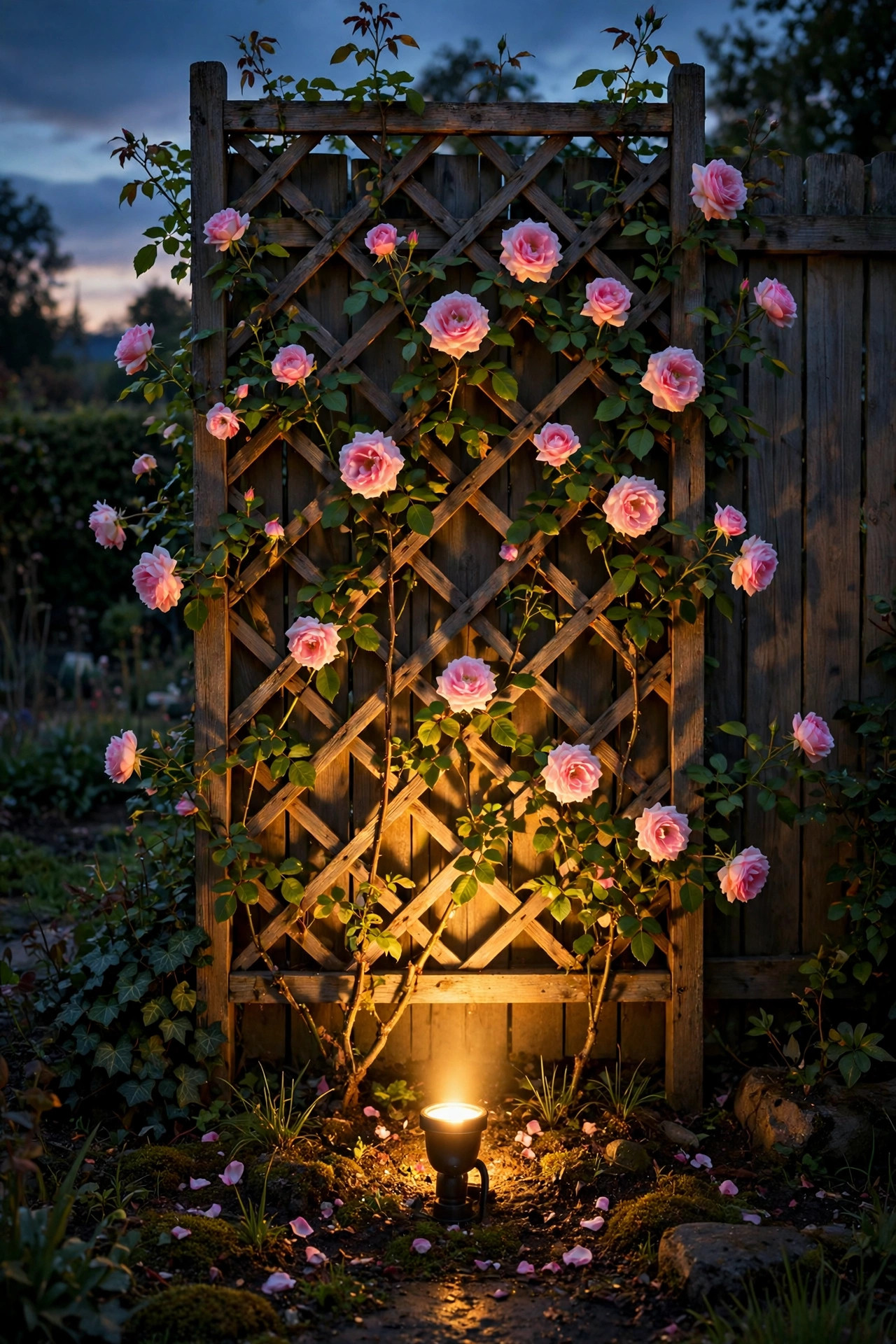 Low spotlight uplighting a climbing rose on a wooden trellis against a garden fence at night