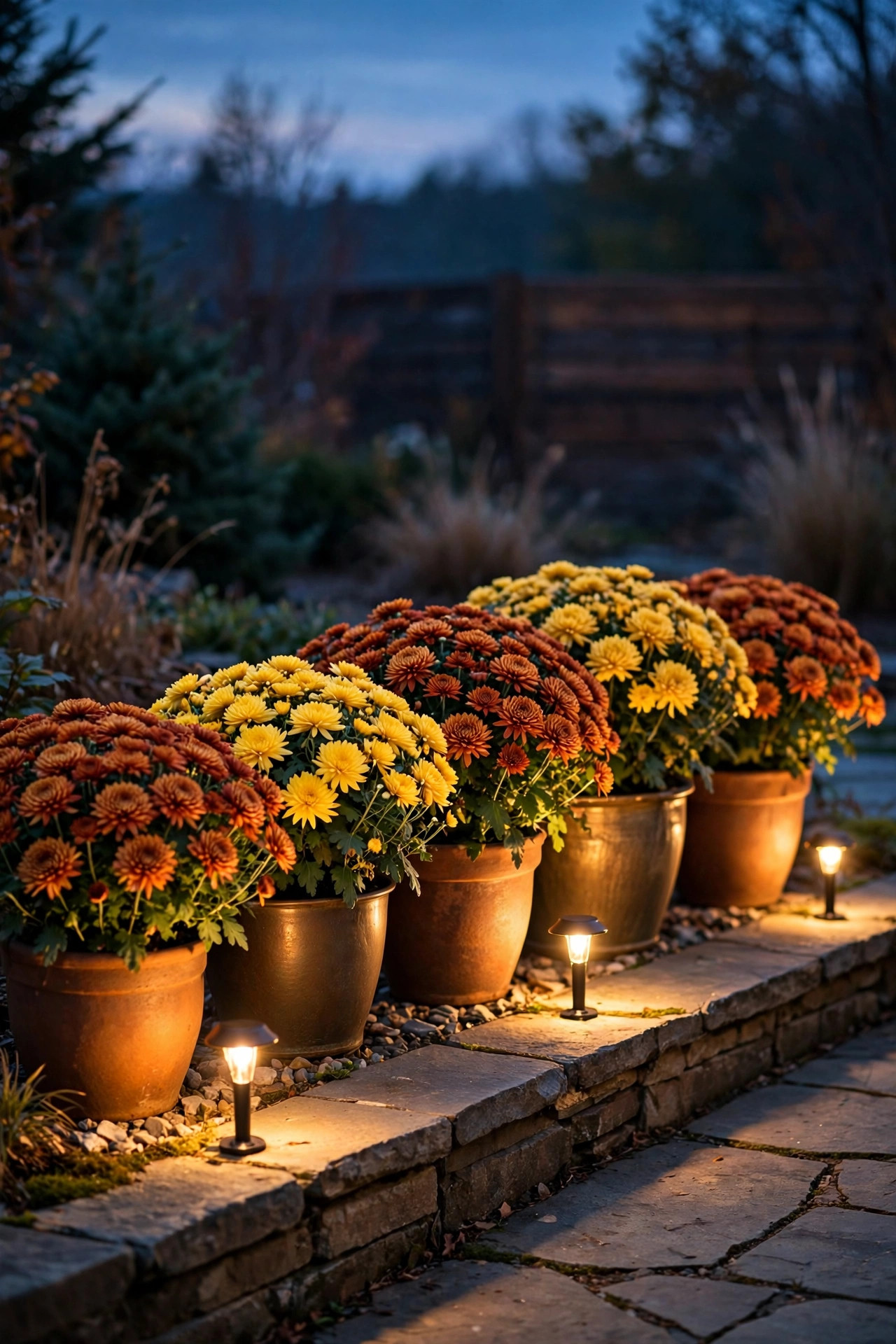 Pots of rust and gold chrysanthemums uplighted by small landscape spotlights along a patio edge at dusk