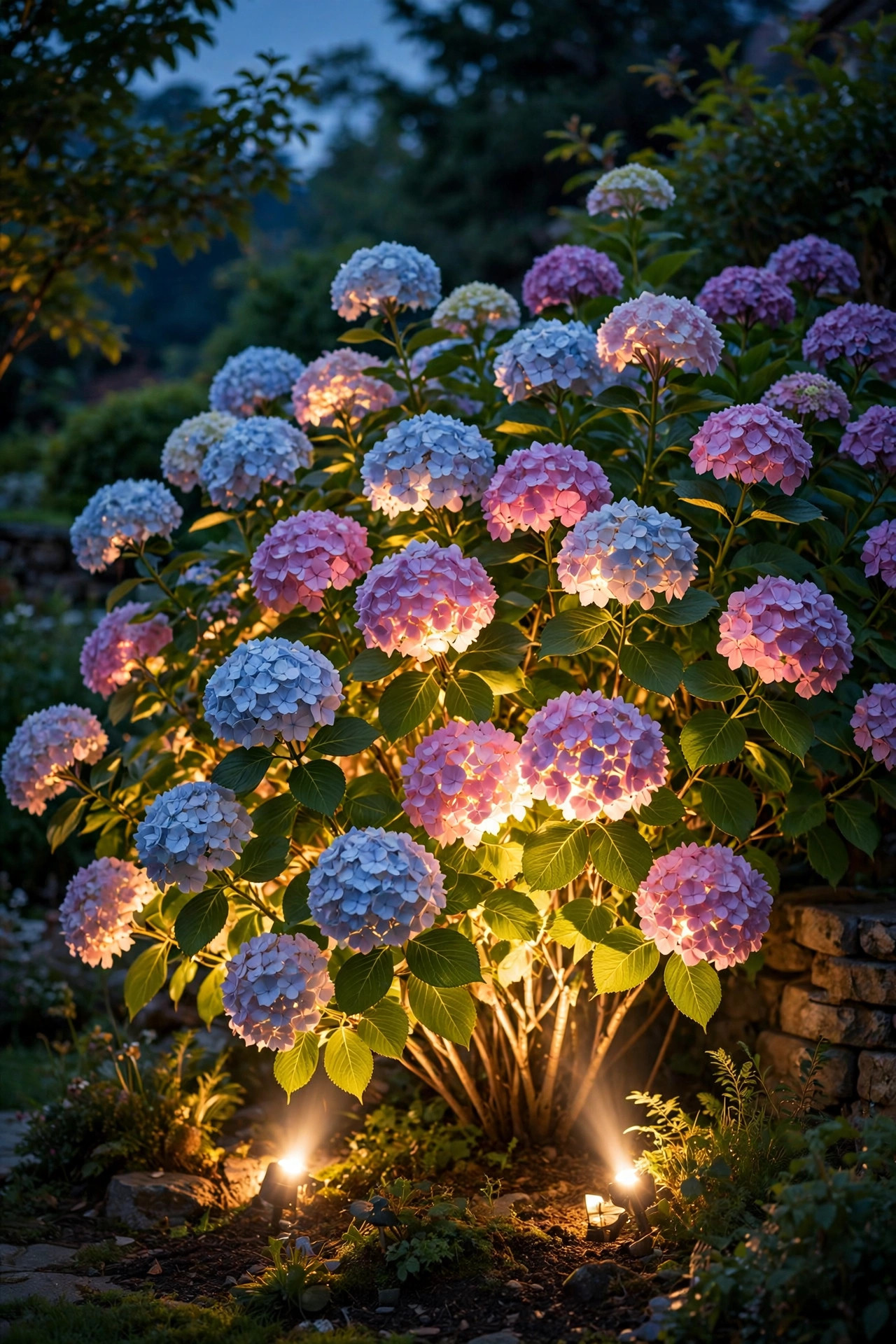 Flowering hydrangea shrubs uplighted from below at dusk with warm spotlights glowing through summer blooms