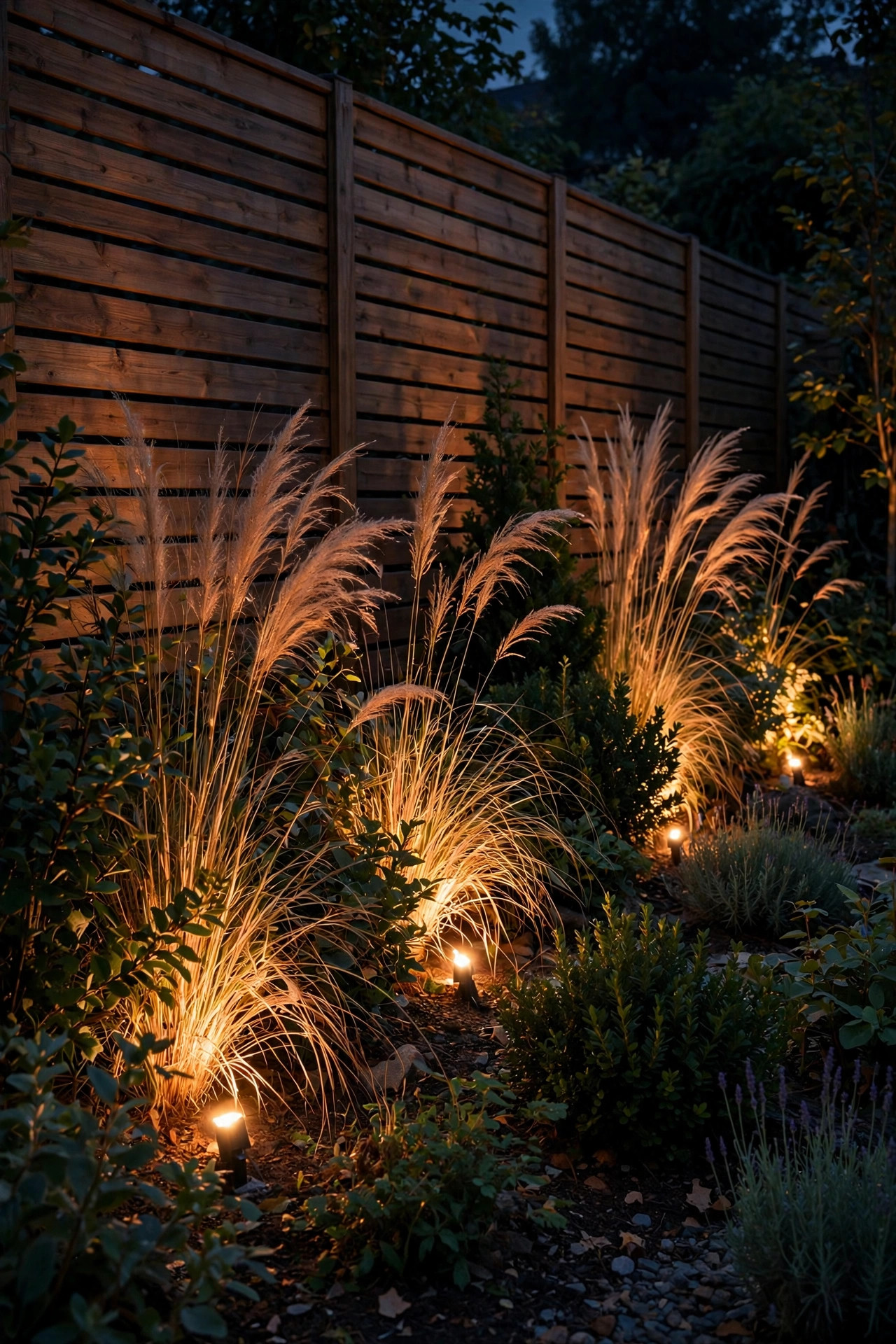 Uplights glowing through shrubs and ornamental grasses planted along a privacy fence at night