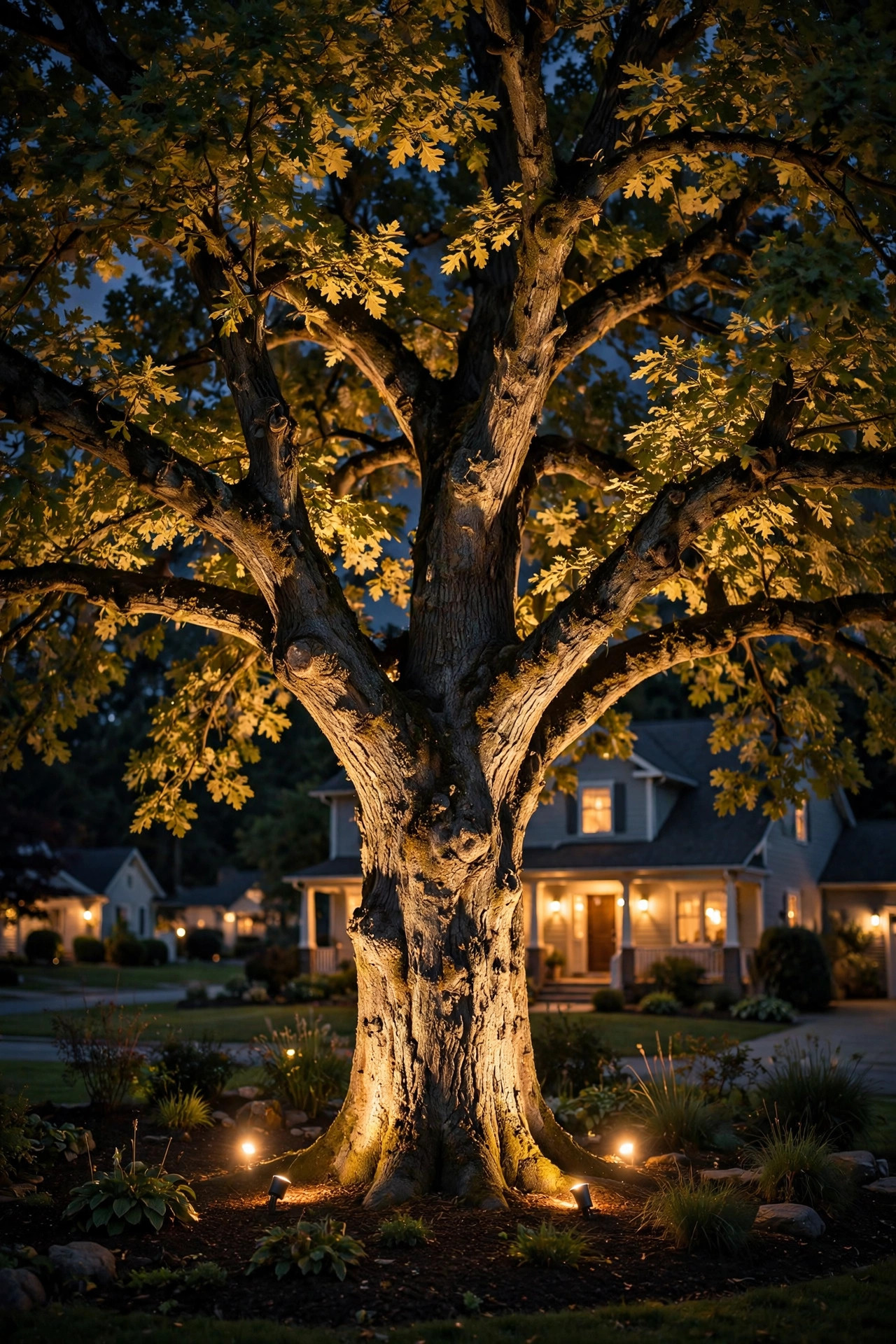 Large oak tree dramatically uplighted at night with warm spotlights, light grazing the trunk and canopy