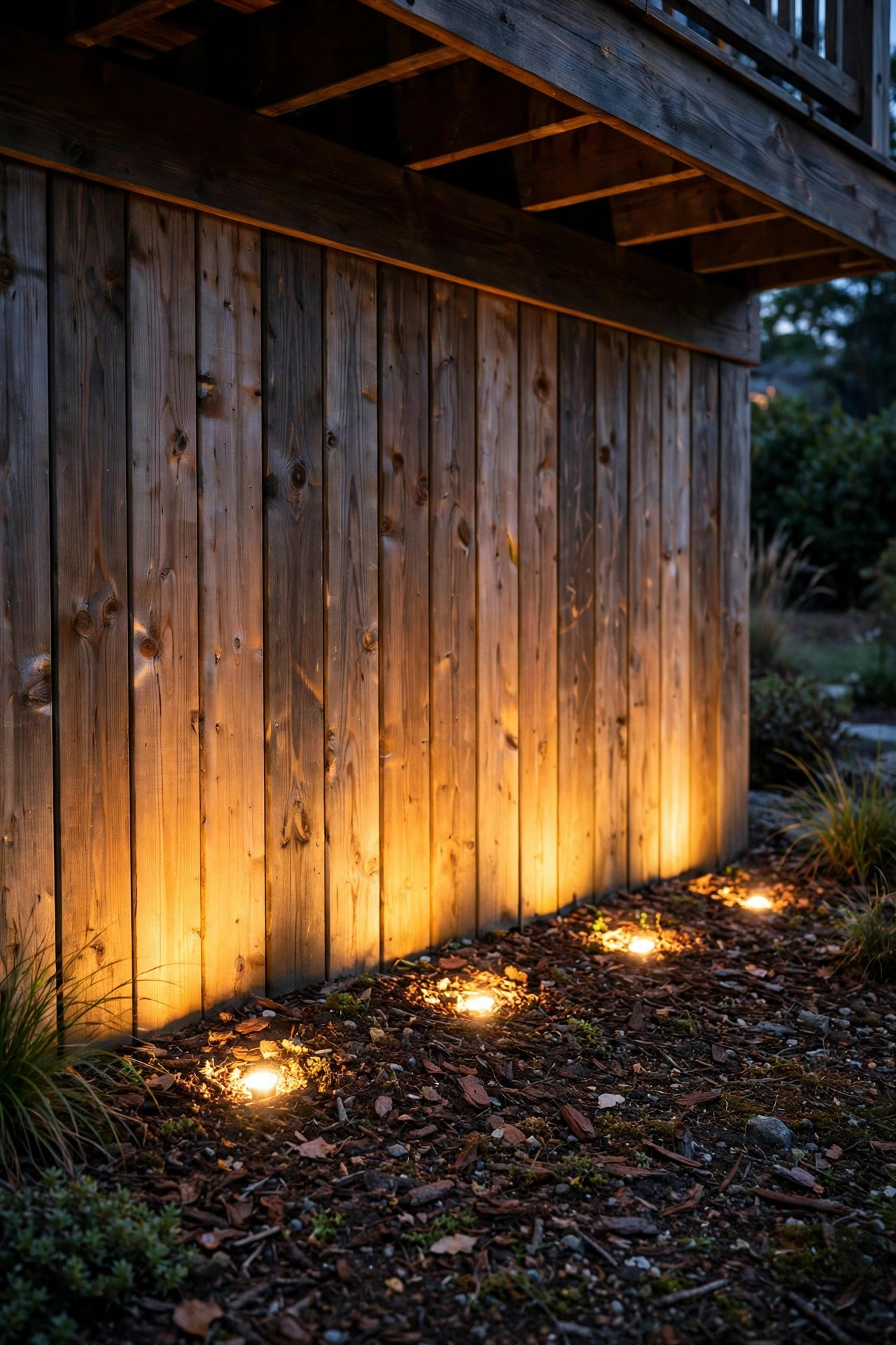 Hidden uplights in a mulch bed washing tall deck skirting with a warm gradient glow