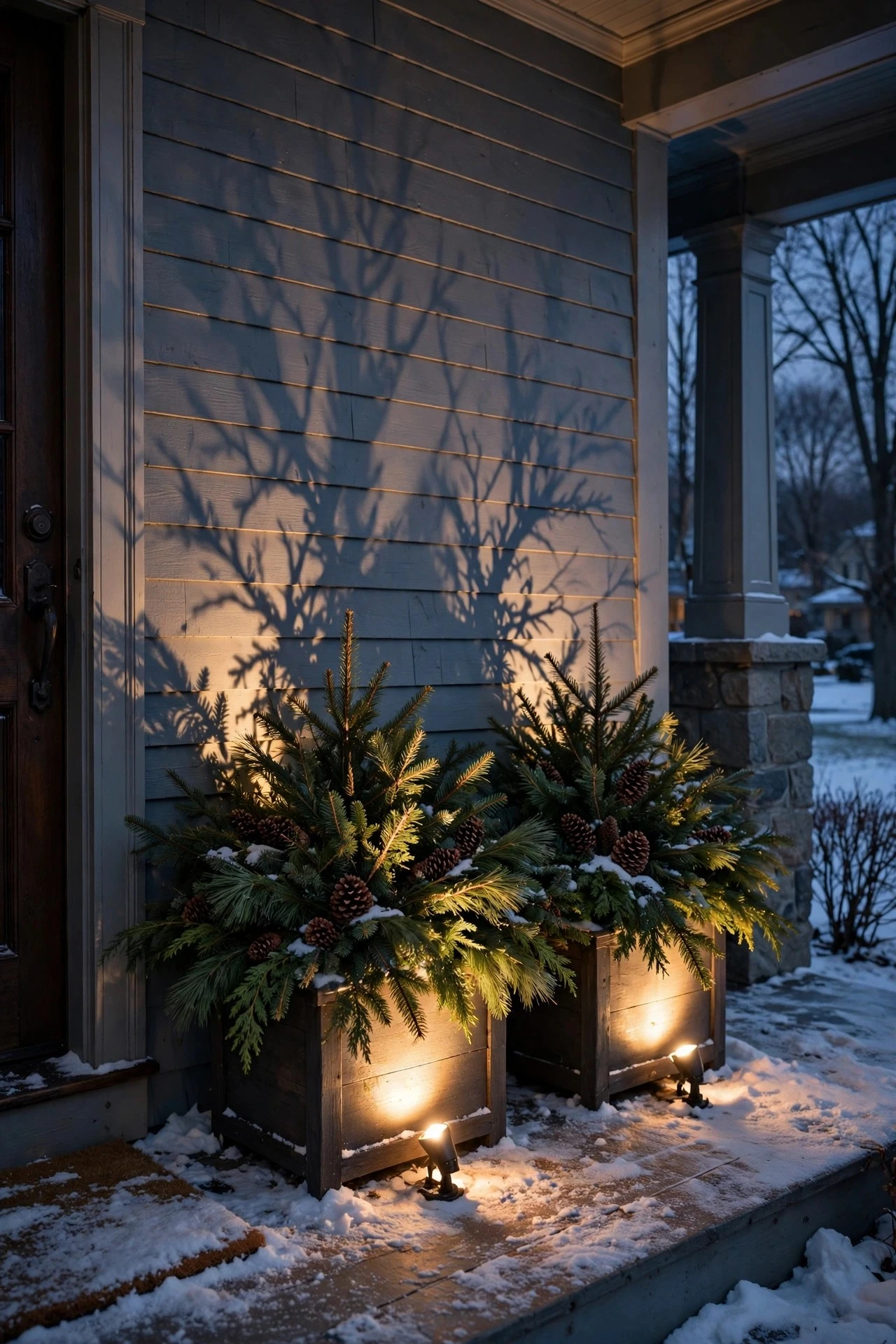 Evergreen winter planters with pinecones uplit by warm spotlights with snow shadows on a porch wall