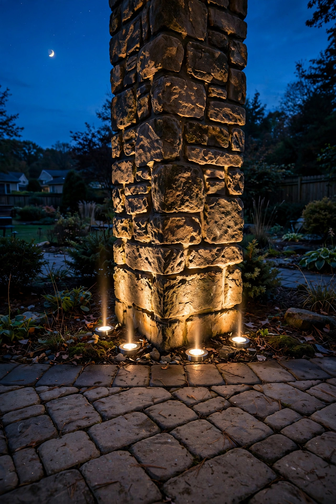 Upward-glow well lights illuminating a stone pillar at a patio edge at dusk