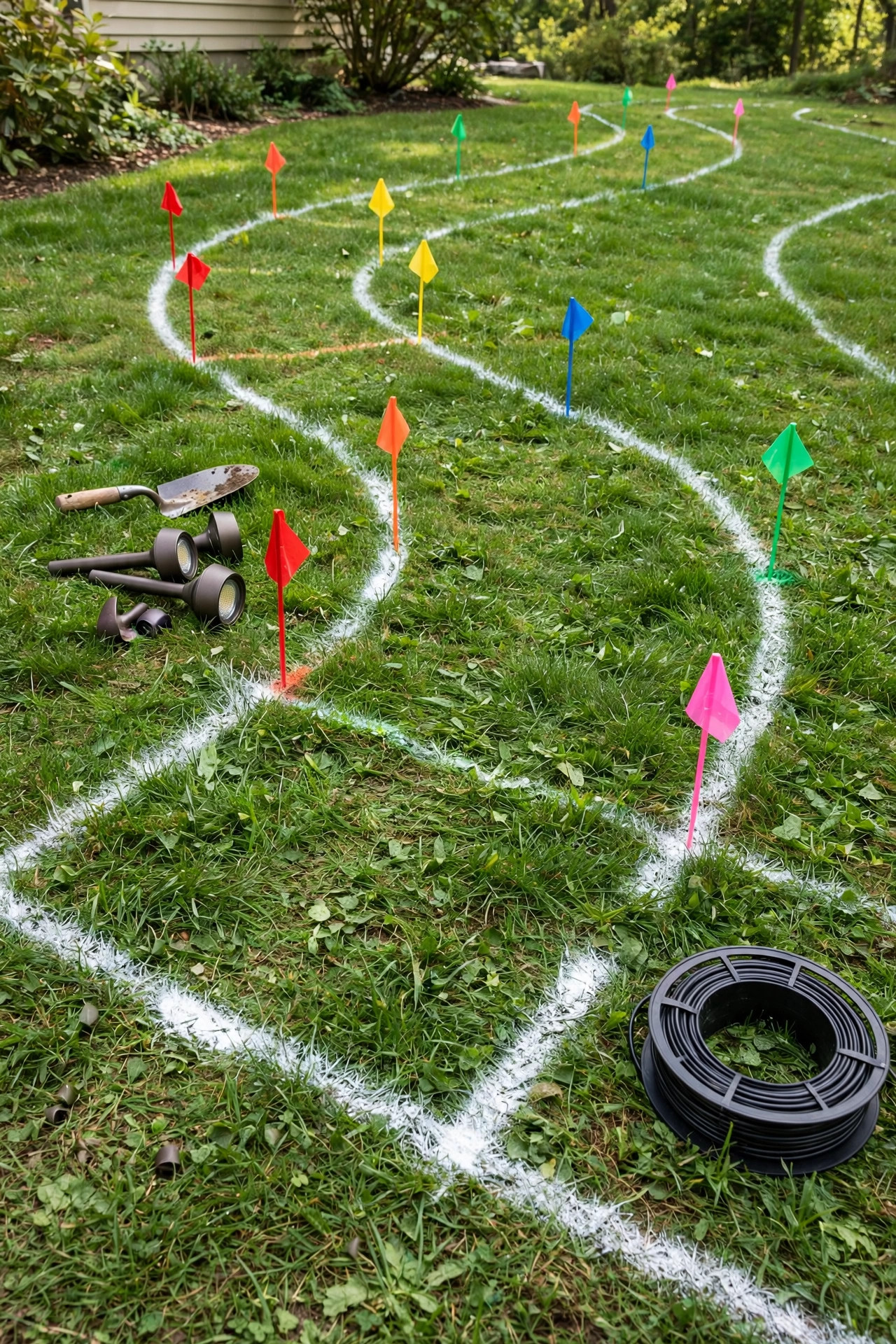 Colorful utility marking flags and painted lines on a lawn before trenching for landscape lighting