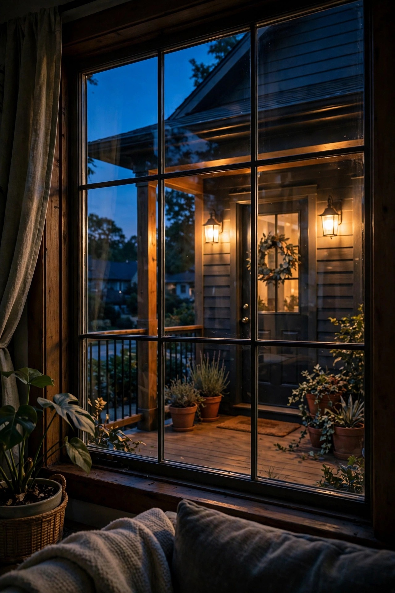View through a living room window to a warmly lit front porch at night, lights turned on by voice command
