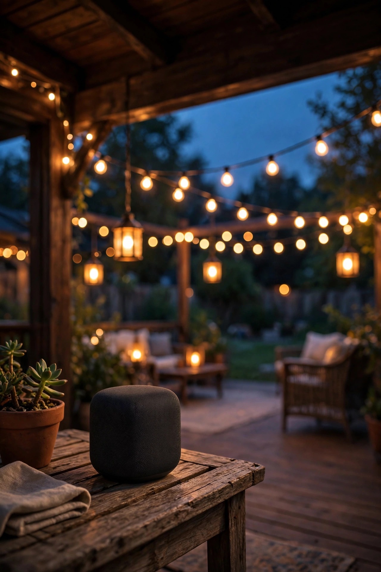Smart speaker under a porch eave controlling warm backyard patio lighting by voice at dusk