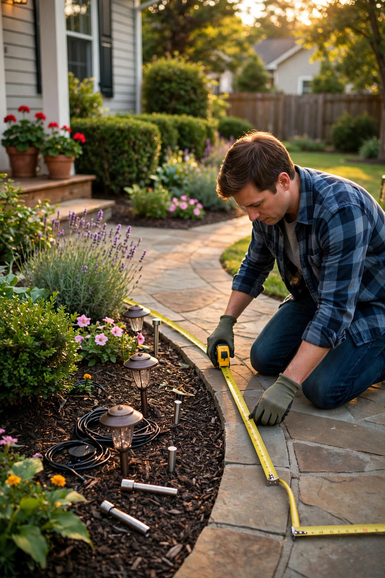 Homeowner measuring a curved garden walkway with a tape measure to plan low voltage path light placement