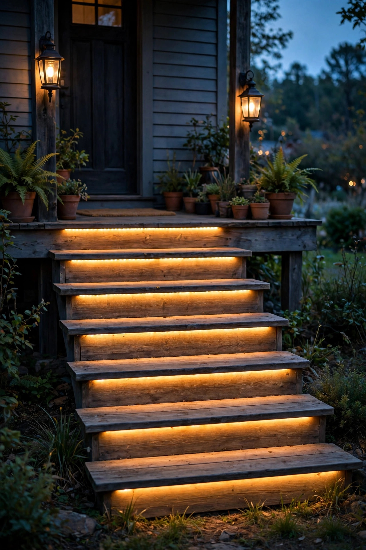 Porch steps at dusk with warm 2700K LED strip lights under the treads matching the amber glow of nearby porch lanterns