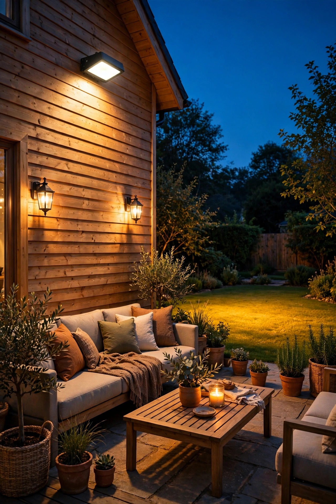 backyard patio at dusk lit by a warm 2700K smart flood light, golden light across the lawn and seating area matching the warm porch lanterns nearby