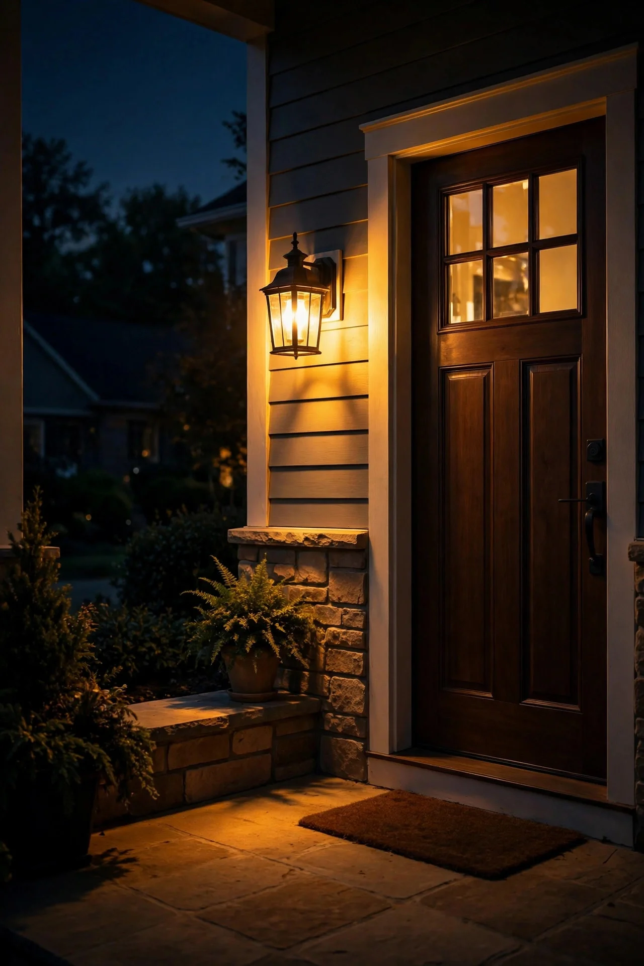 Warm 2700K dusk-to-dawn porch light casting a golden glow on a front entry at night
