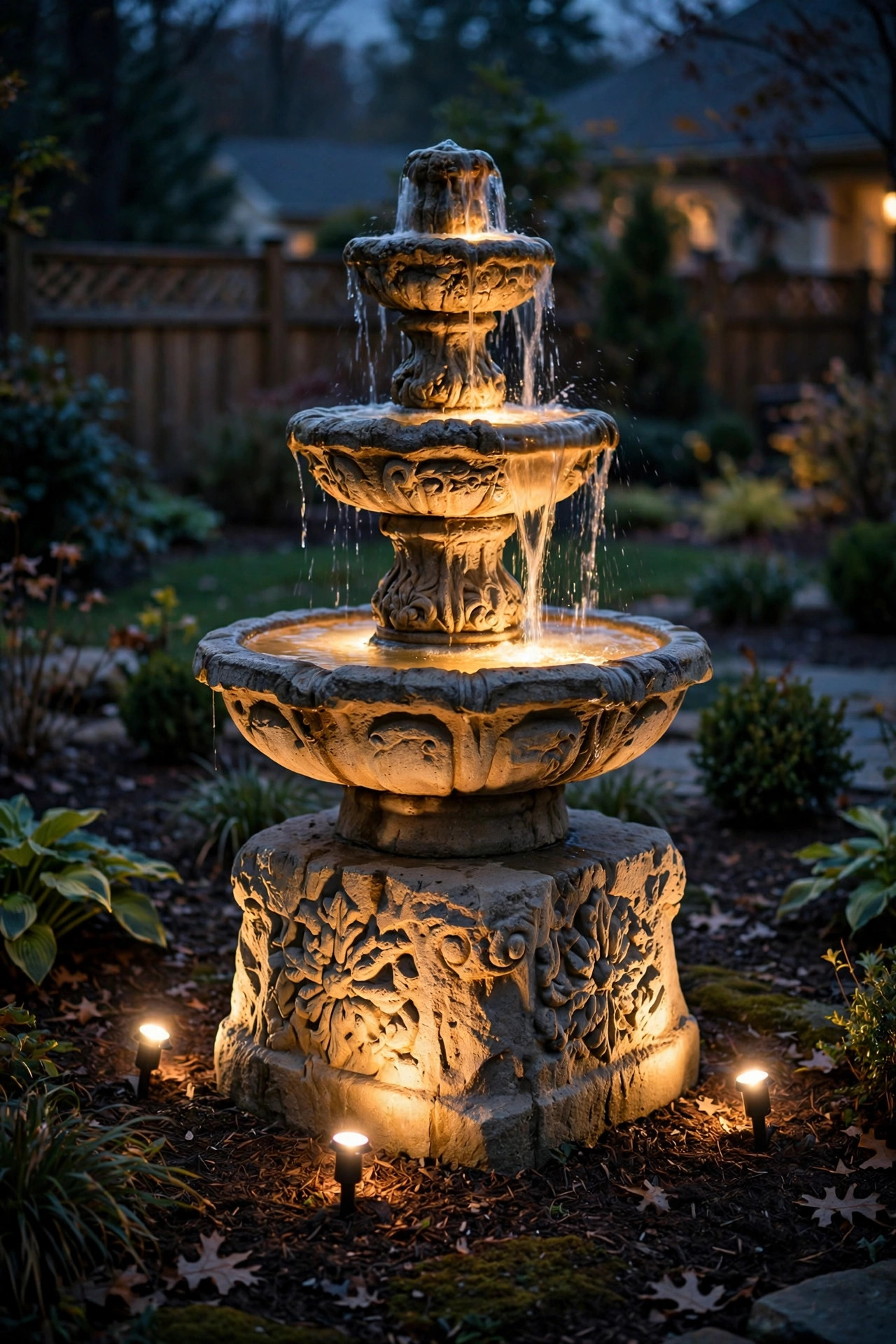 warm white uplights washing the stone base of a garden fountain