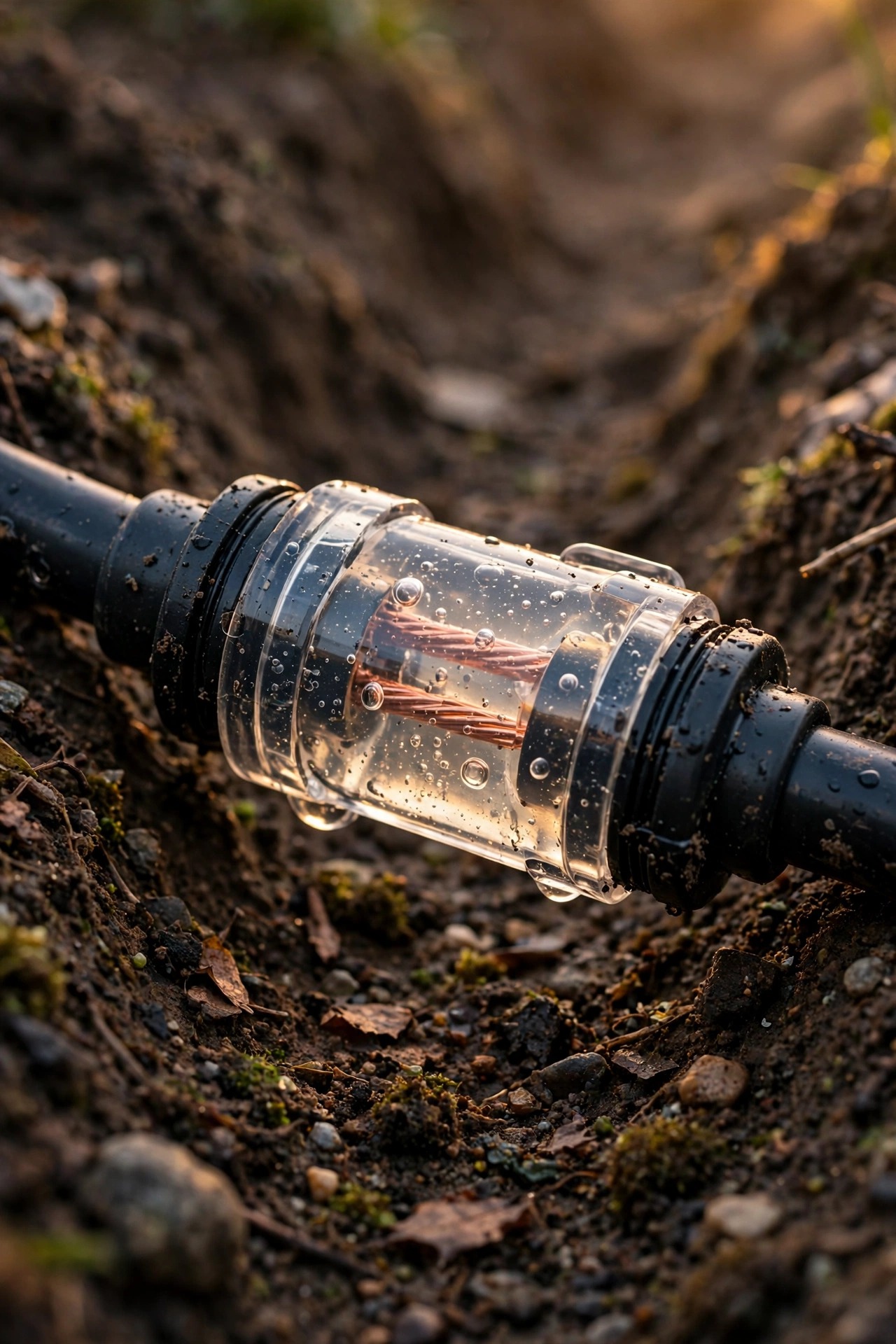Close-up of a waterproof gel-filled connector joining two ends of black landscape lighting cable in a shallow trench, copper ends sealed inside