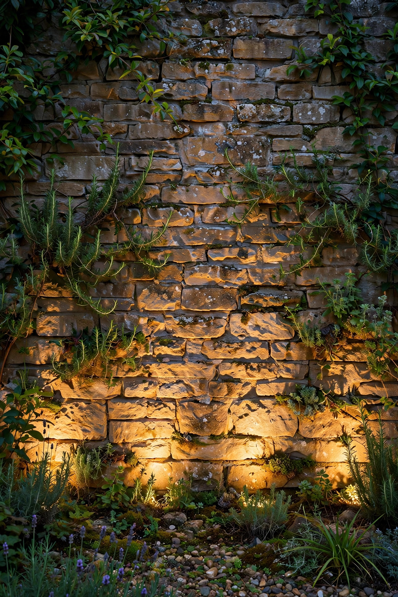 Flush in-ground well lights washing a garden wall with warm light and no visible hardware