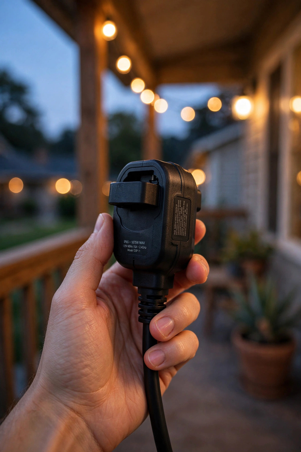 Hand holding an outdoor smart plug showing IP weatherproof rating and wattage label