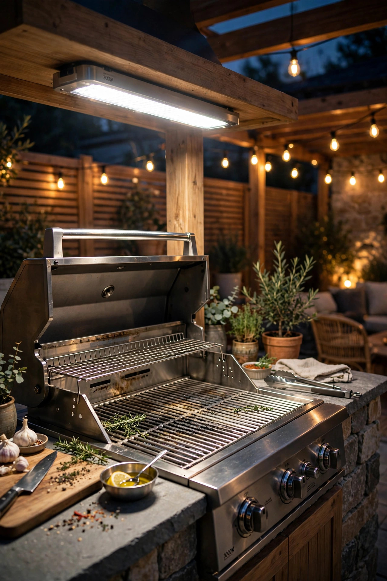 Outdoor grill station lit with brighter 3000K task lighting contrasted with warm ambient patio lights nearby