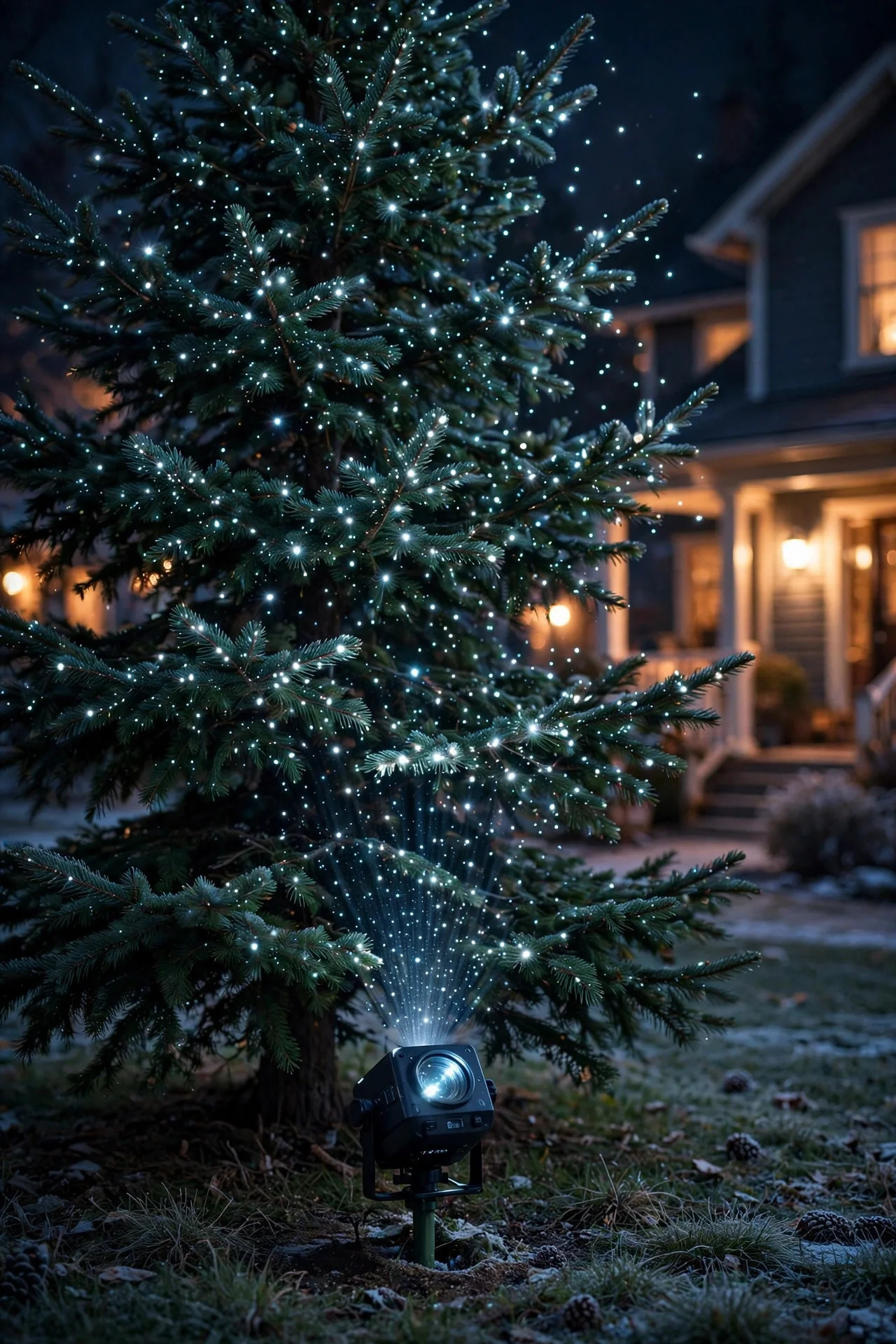 White sparkle projection twinkling through an evergreen tree at night